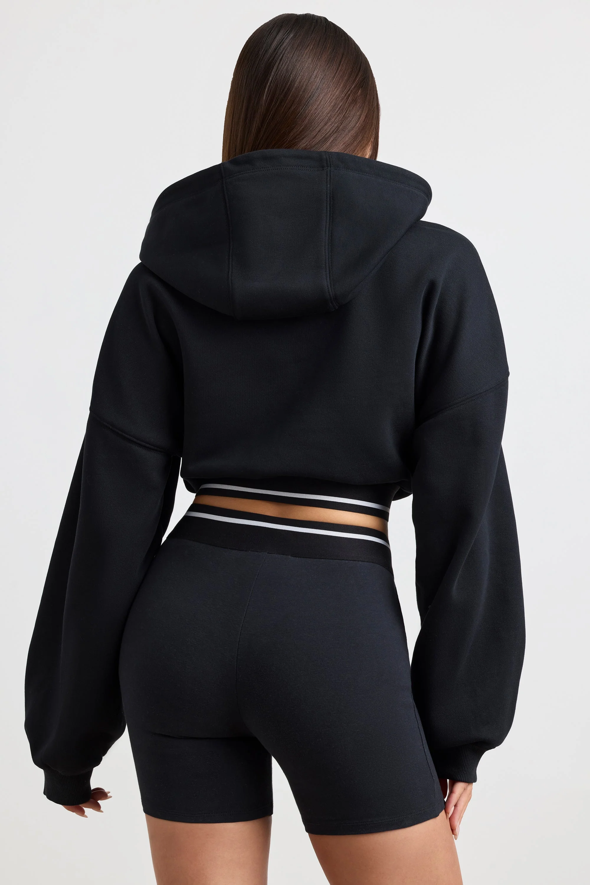 Stretch Cotton Fleece Cropped Hoodie in Black - Image 2