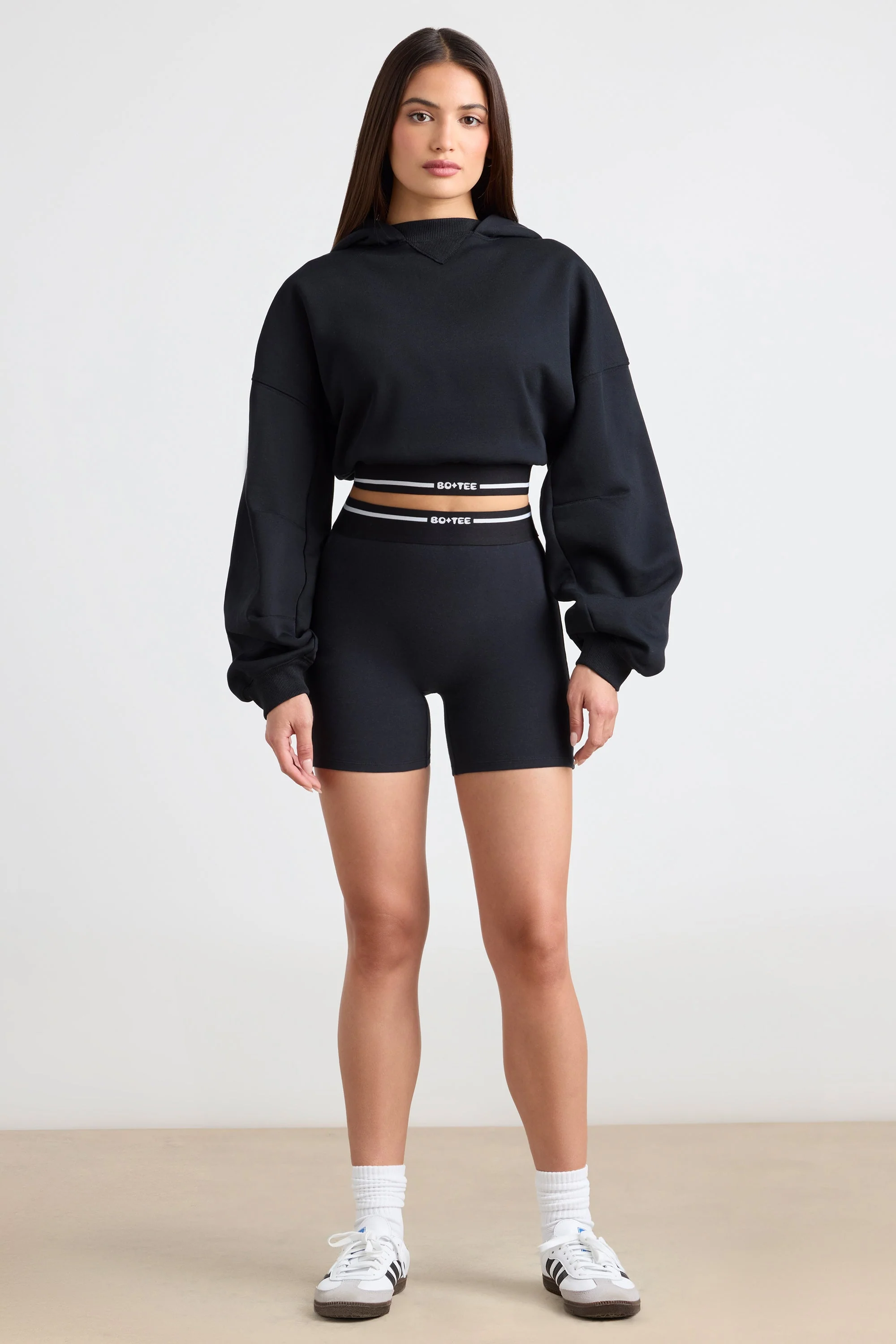 Stretch Cotton Fleece Cropped Hoodie in Black - Image 4