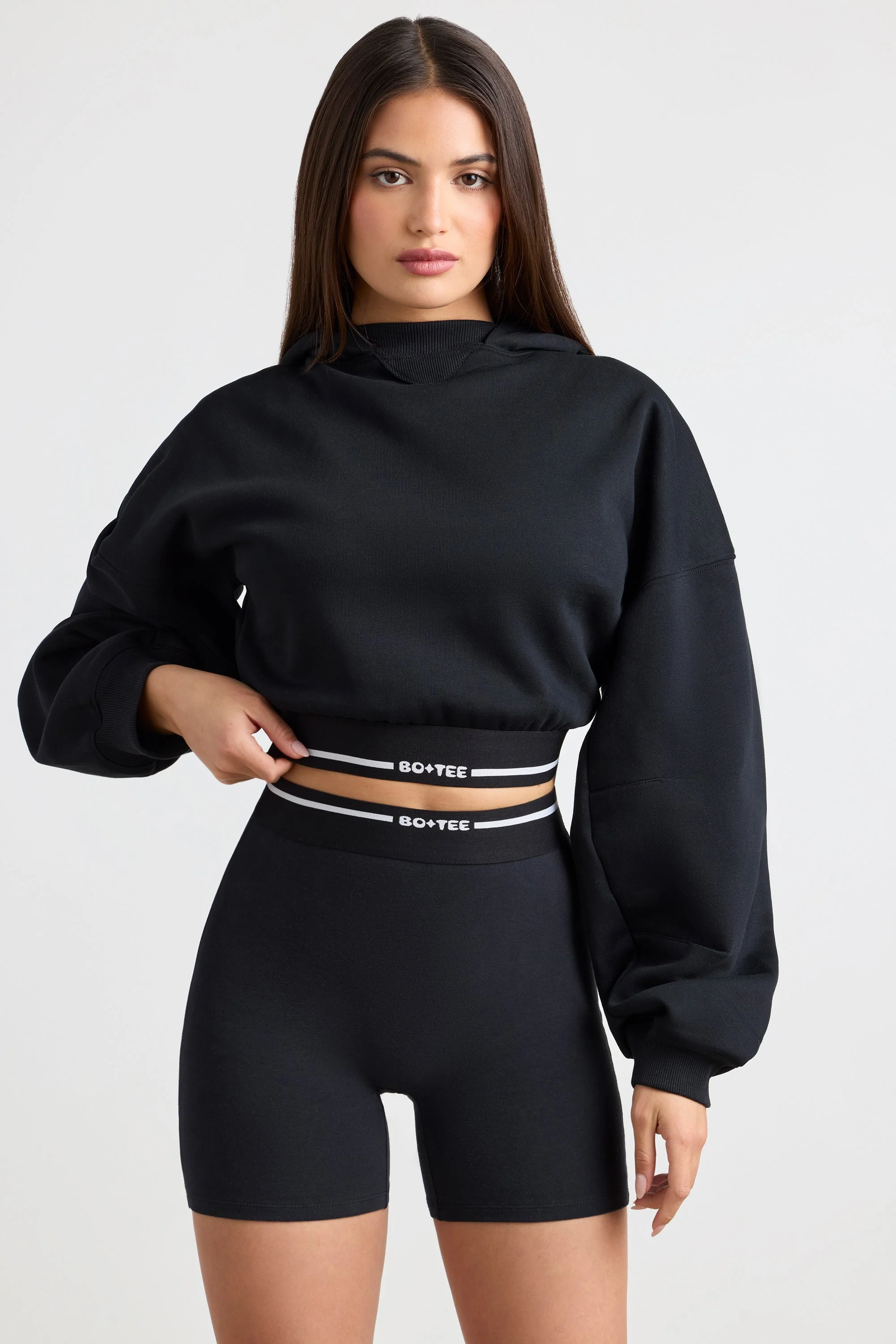 Stretch Cotton Fleece Cropped Hoodie in Black - Image 5