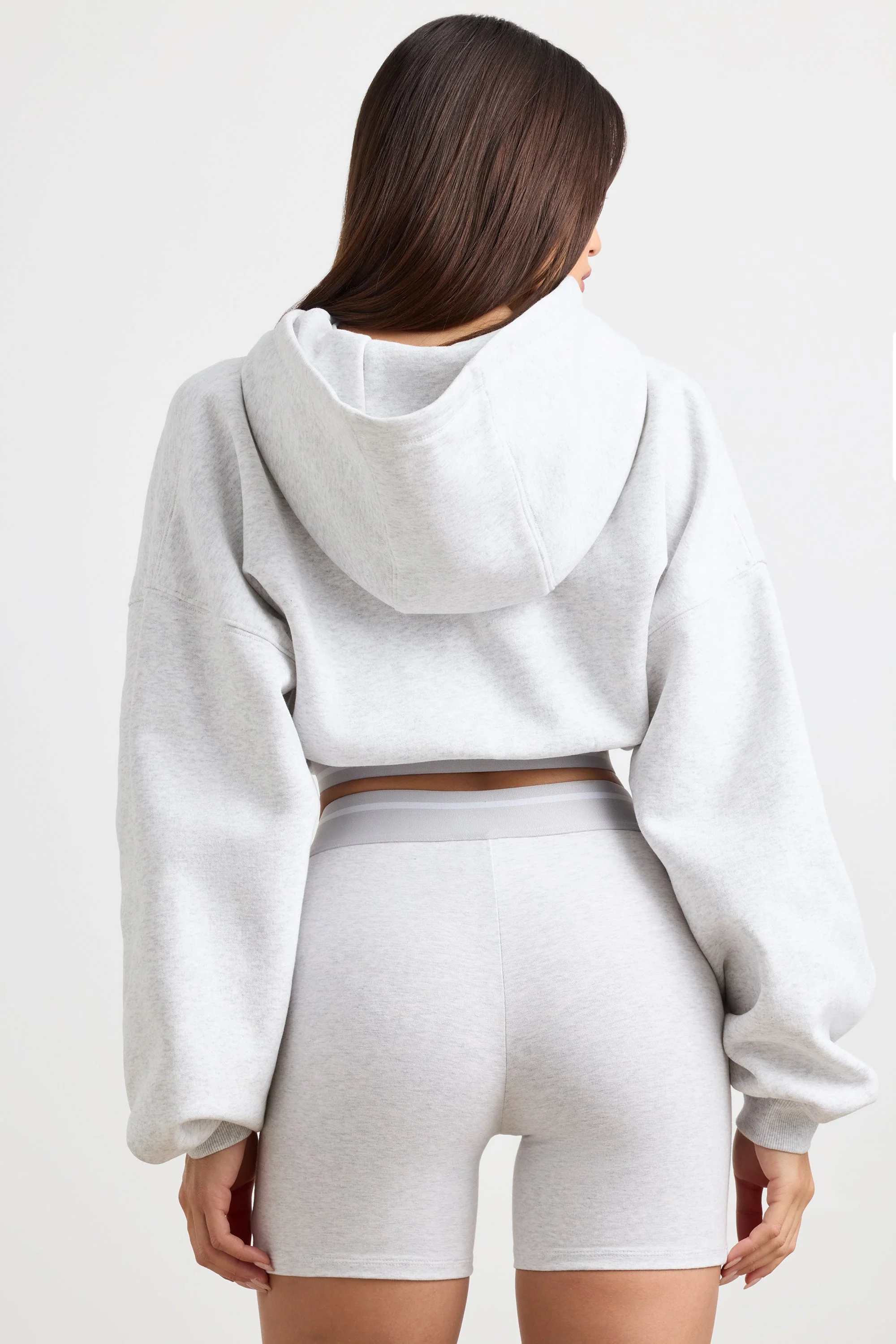 Stretch Cotton Fleece Cropped Hoodie in Grey Marl - Image 2