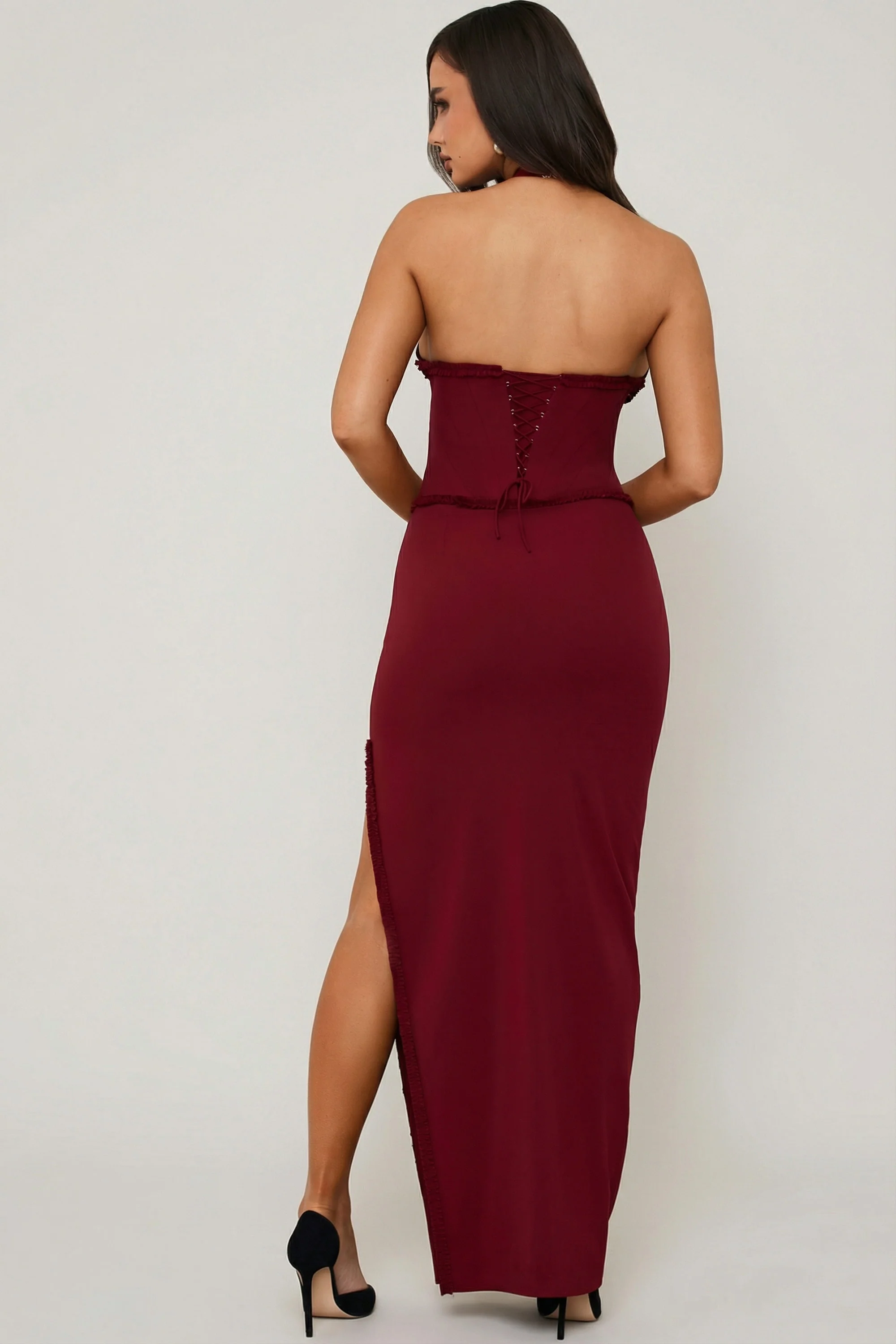 Halterneck Lace-Up Corset Maxi Dress in Berry Red - Image 2