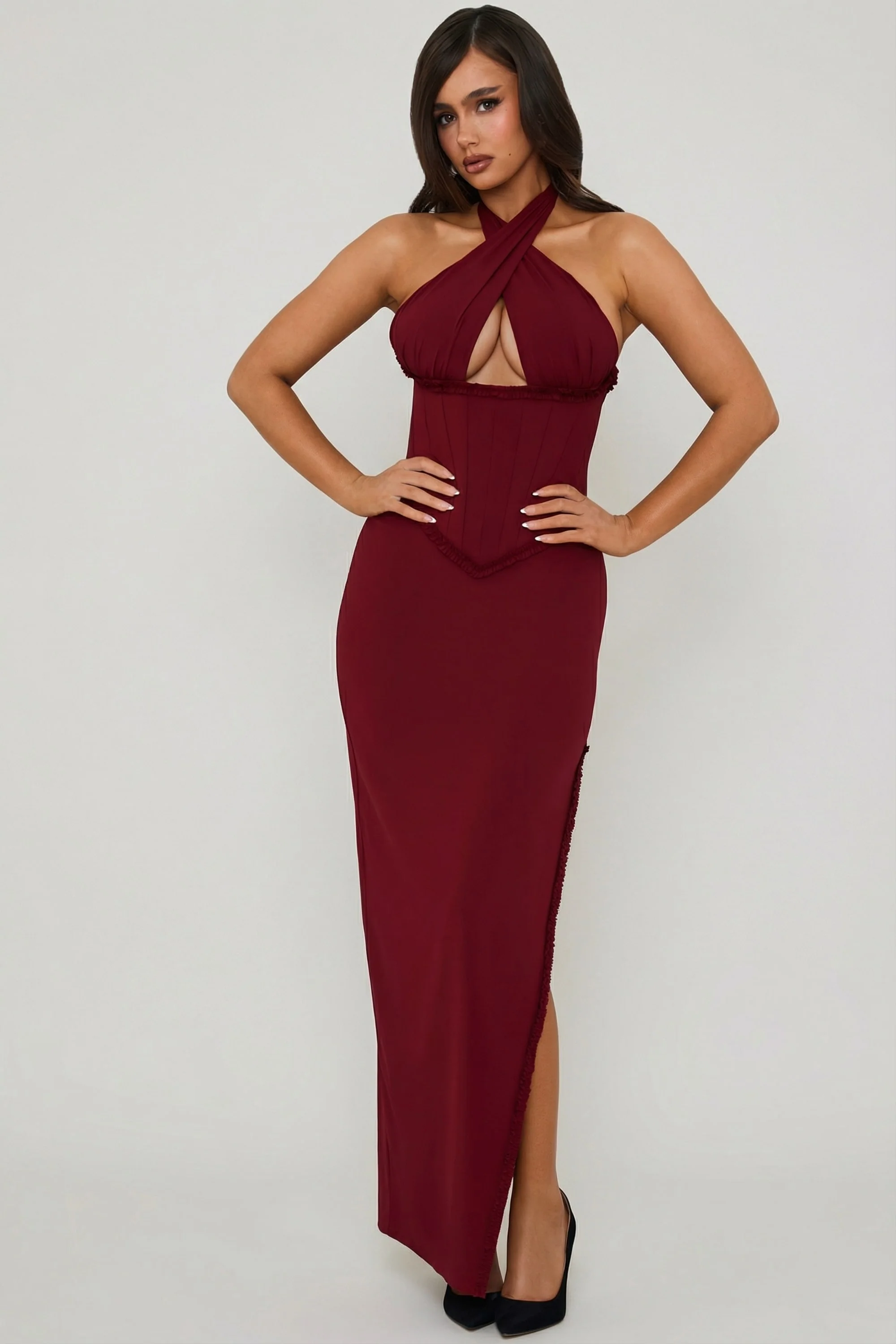 Halterneck Lace-Up Corset Maxi Dress in Berry Red - Image 6