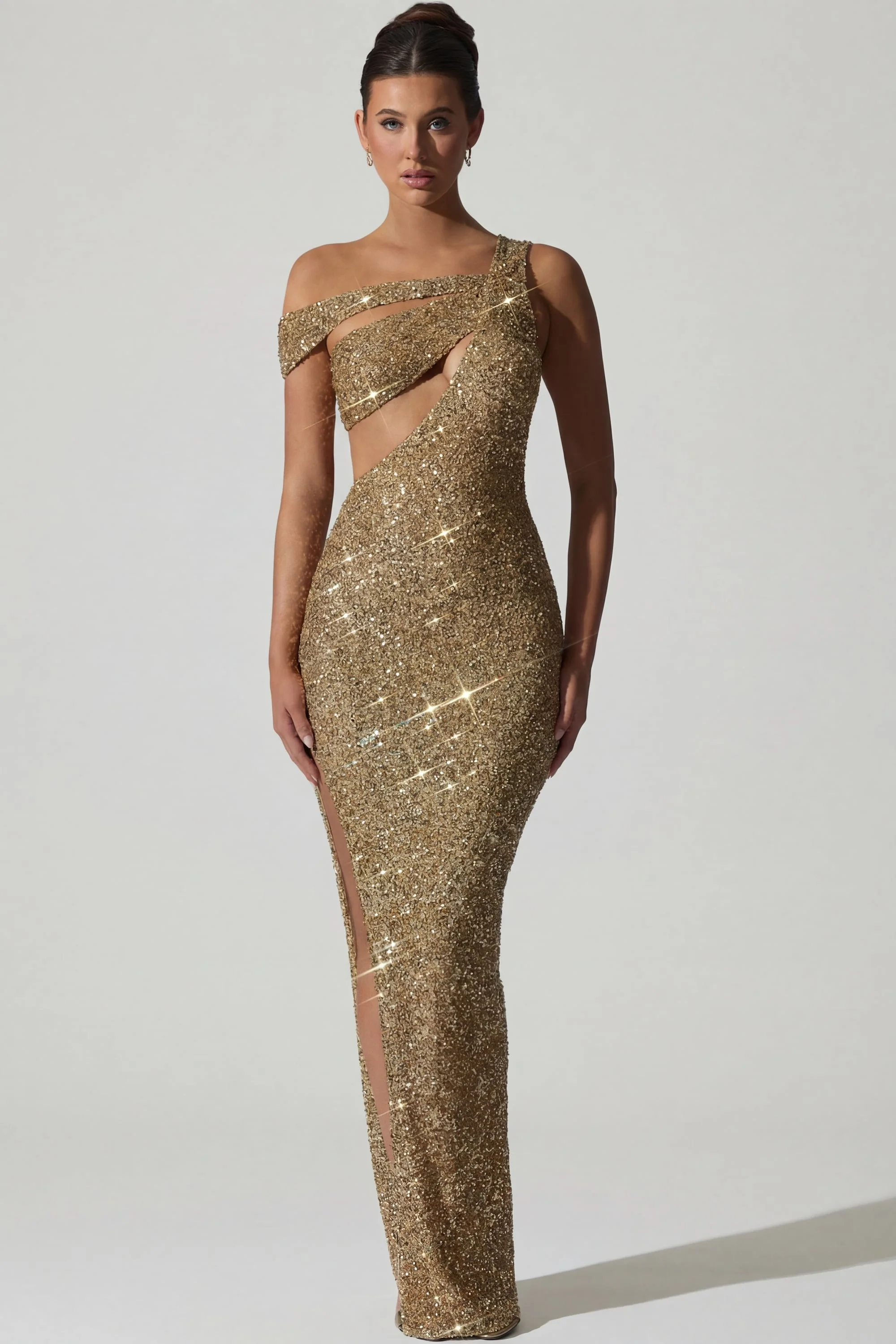 Embellished Asymmetric Cut-Out Gown in Gold - Image 7
