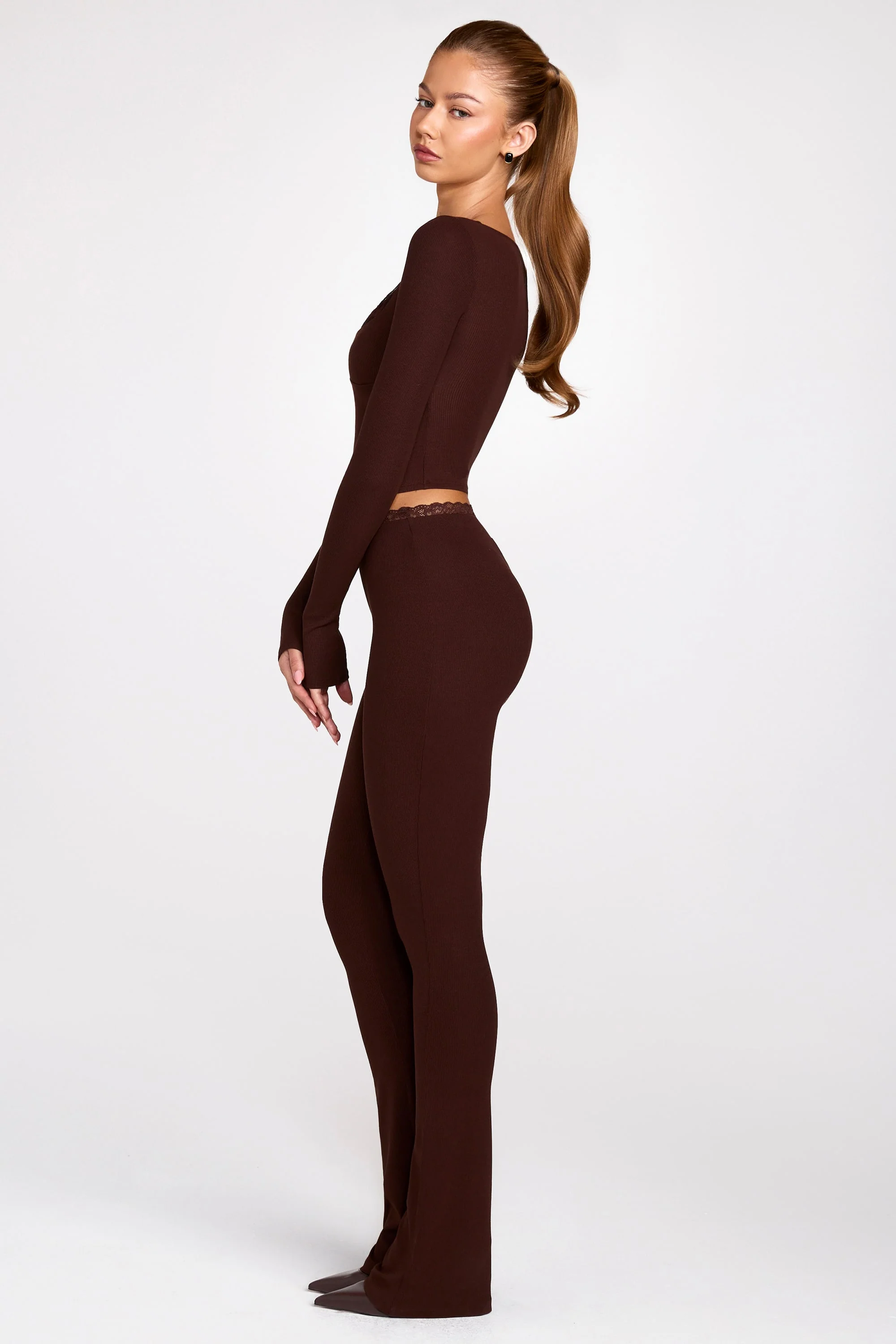 Modal Mid-Rise Flared Trousers in Chocolate Brown - Image 4