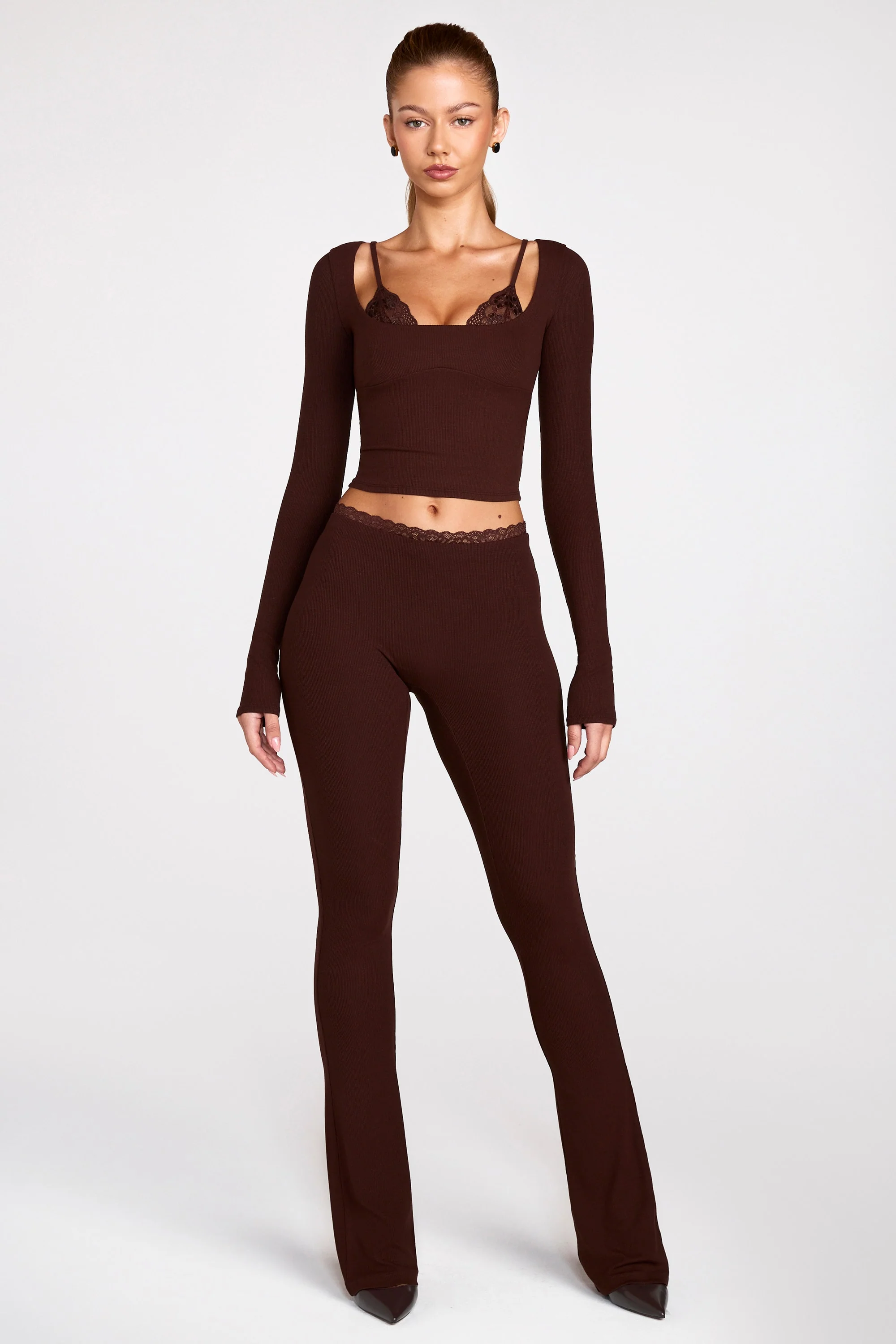 Modal Mid-Rise Flared Trousers in Chocolate Brown - Image 5