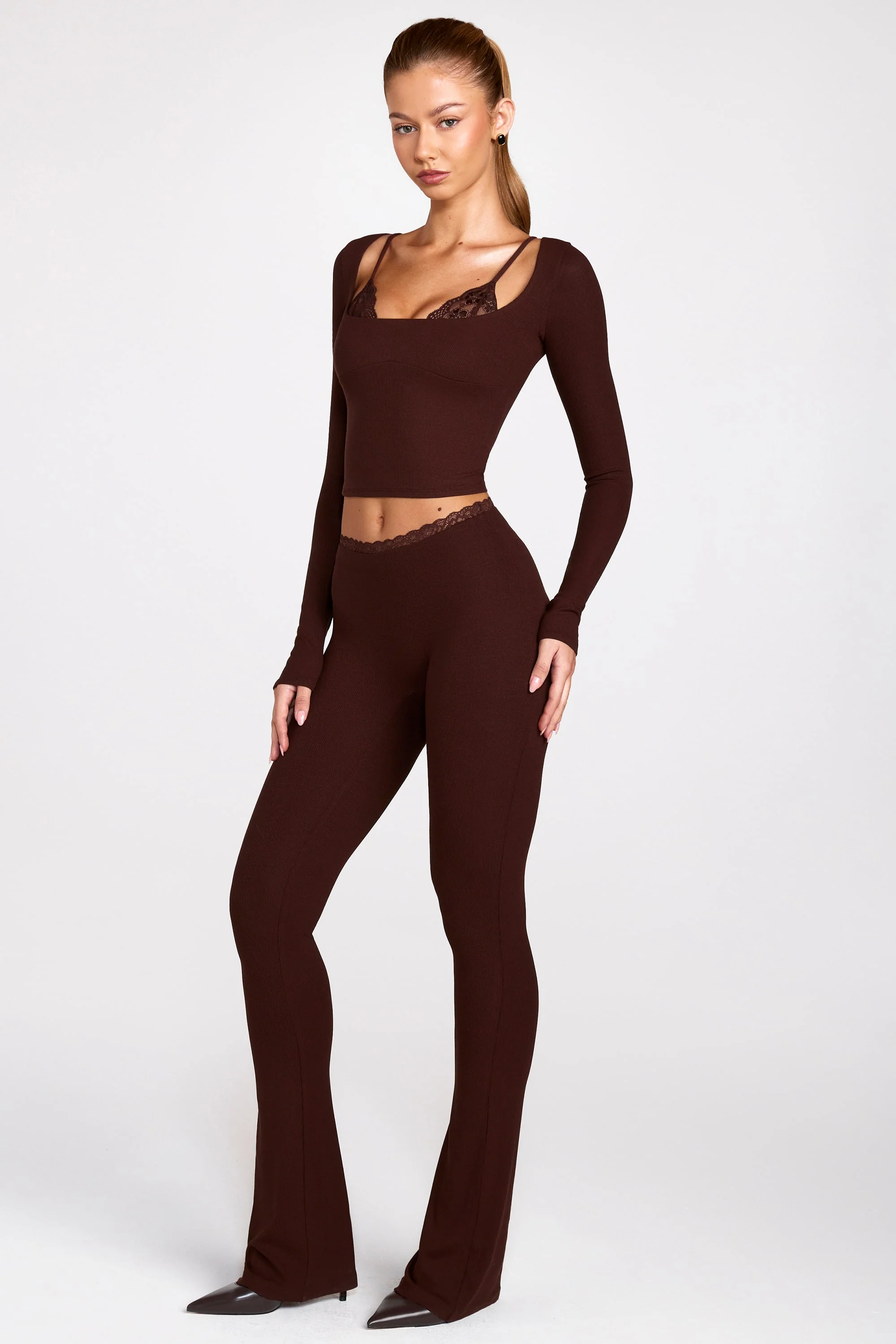 Modal Mid-Rise Flared Trousers in Chocolate Brown - Image 6