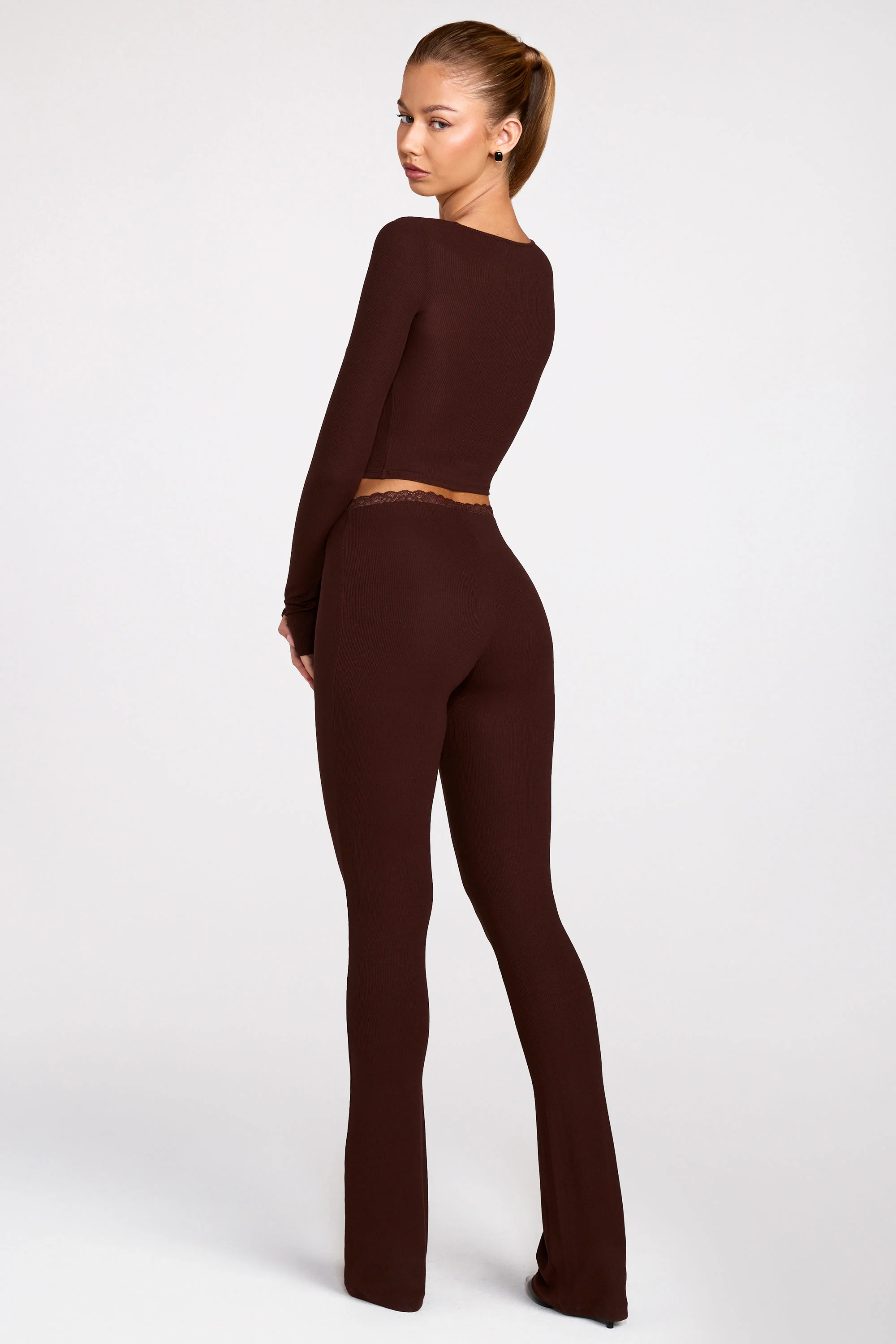 Modal Mid-Rise Flared Trousers in Chocolate Brown - Image 7