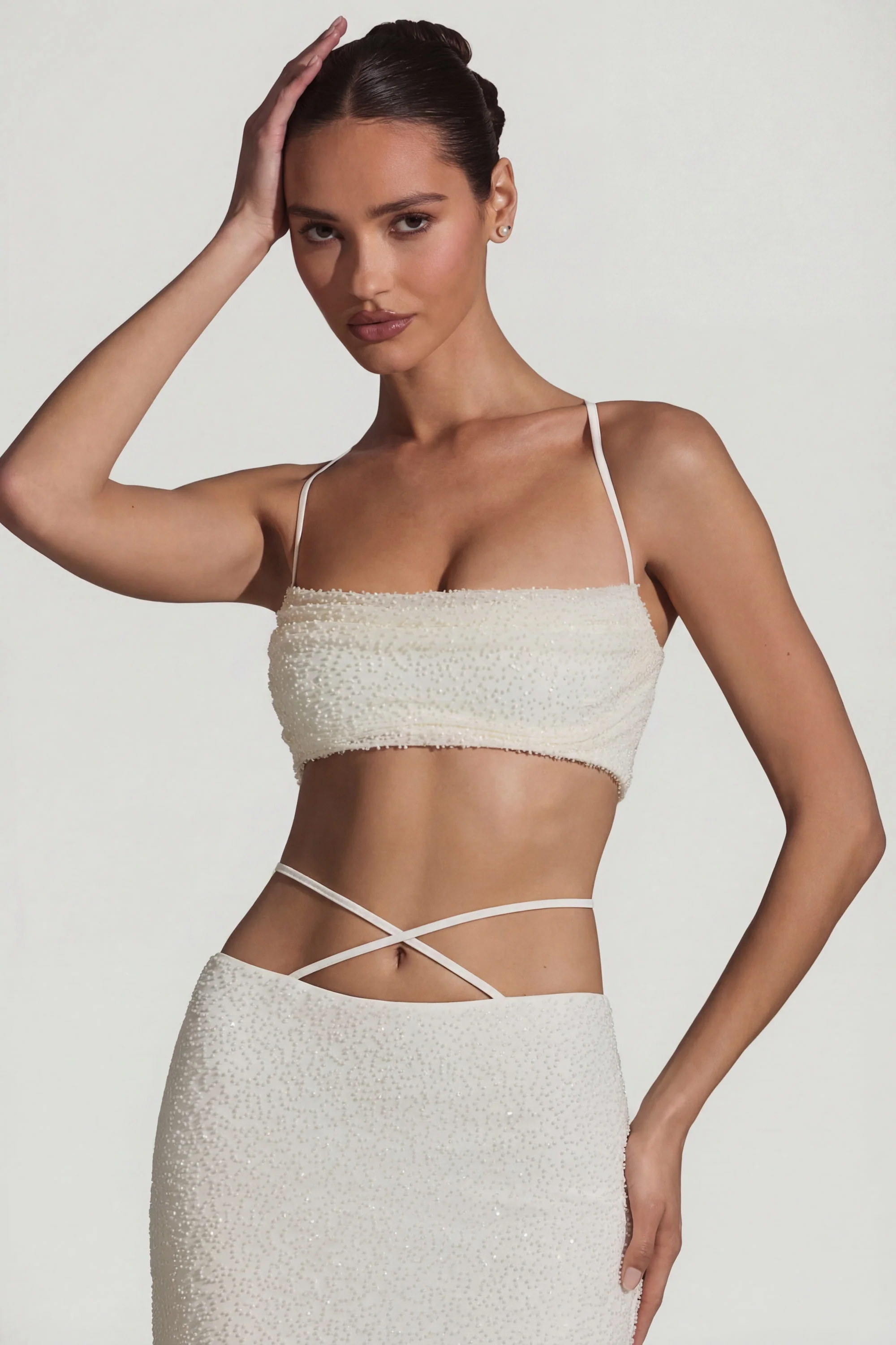 Embellished Cross Back Crop Top in White - Image 10