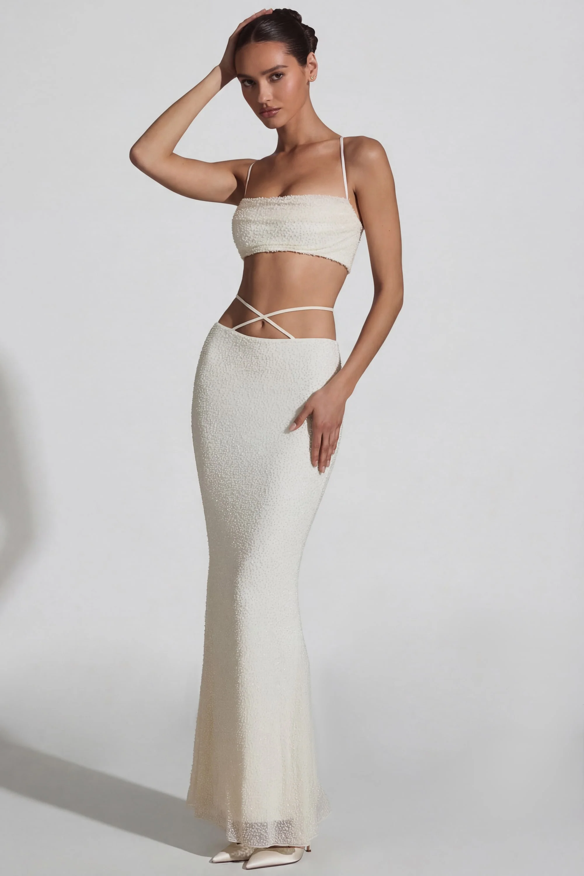 Embellished Cross Back Crop Top in White - Image 6