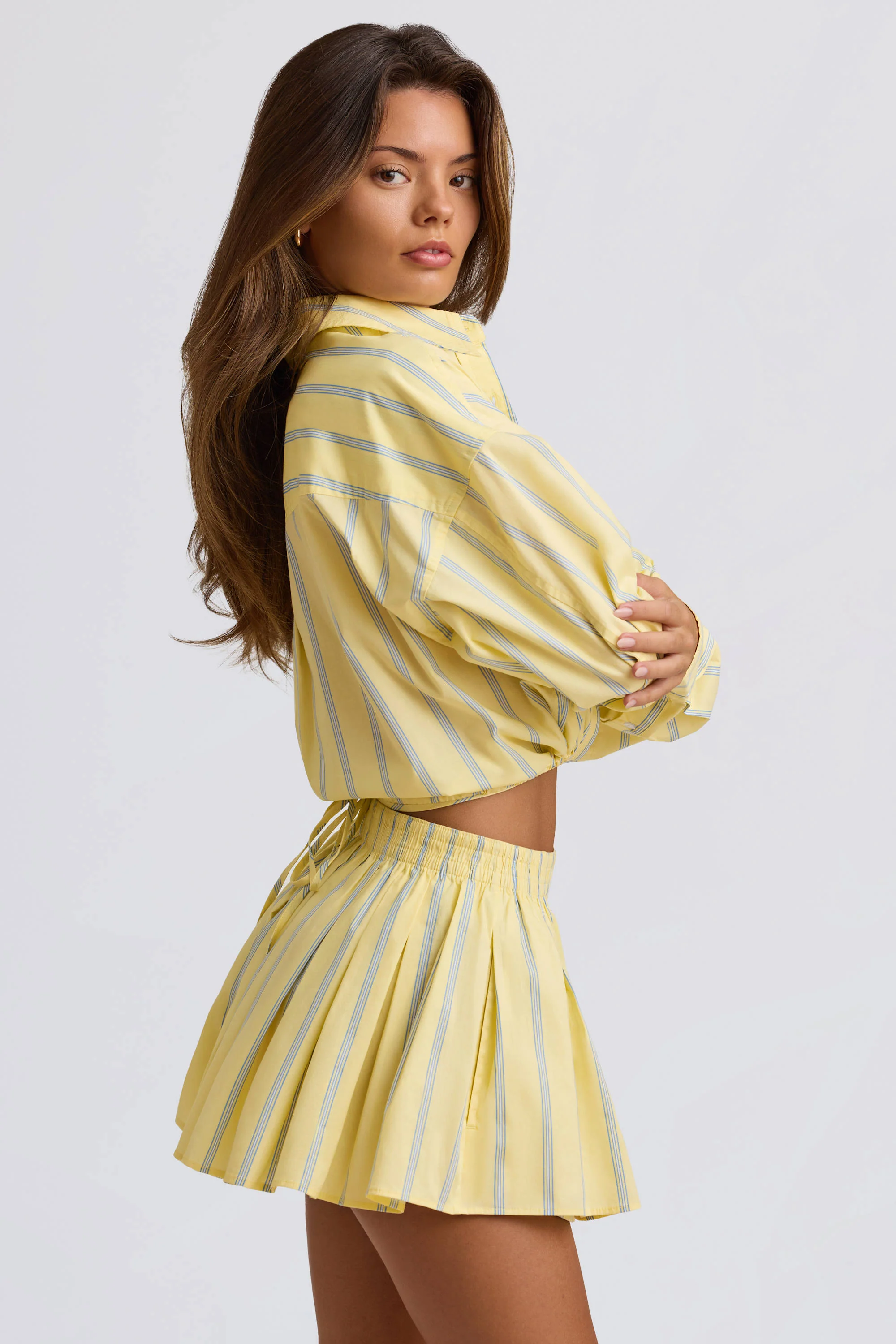 Cotton Poplin Stripe Pleated Shorts in Yellow Stripe - Image 3