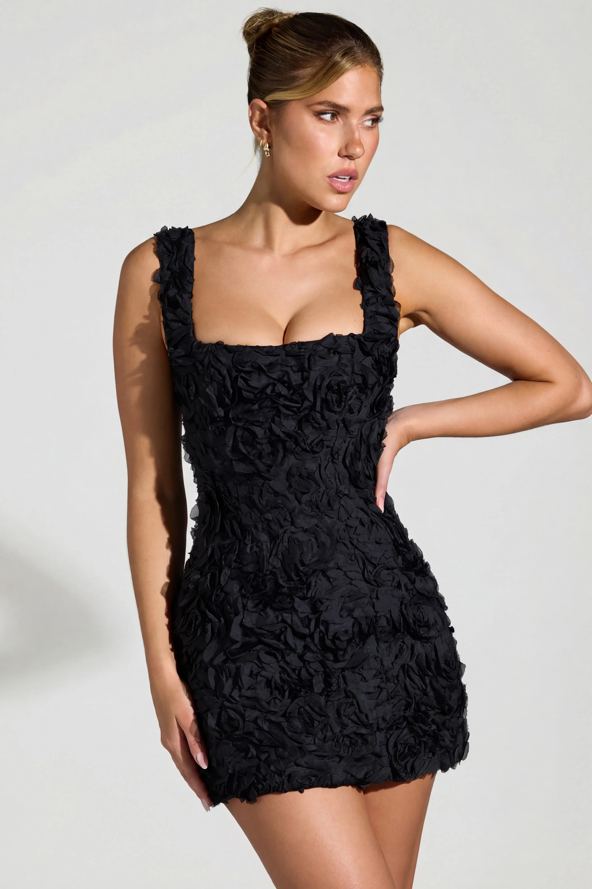 Floral-Appliqué Square-Neck Corset Mini Dress in Black - Image 4