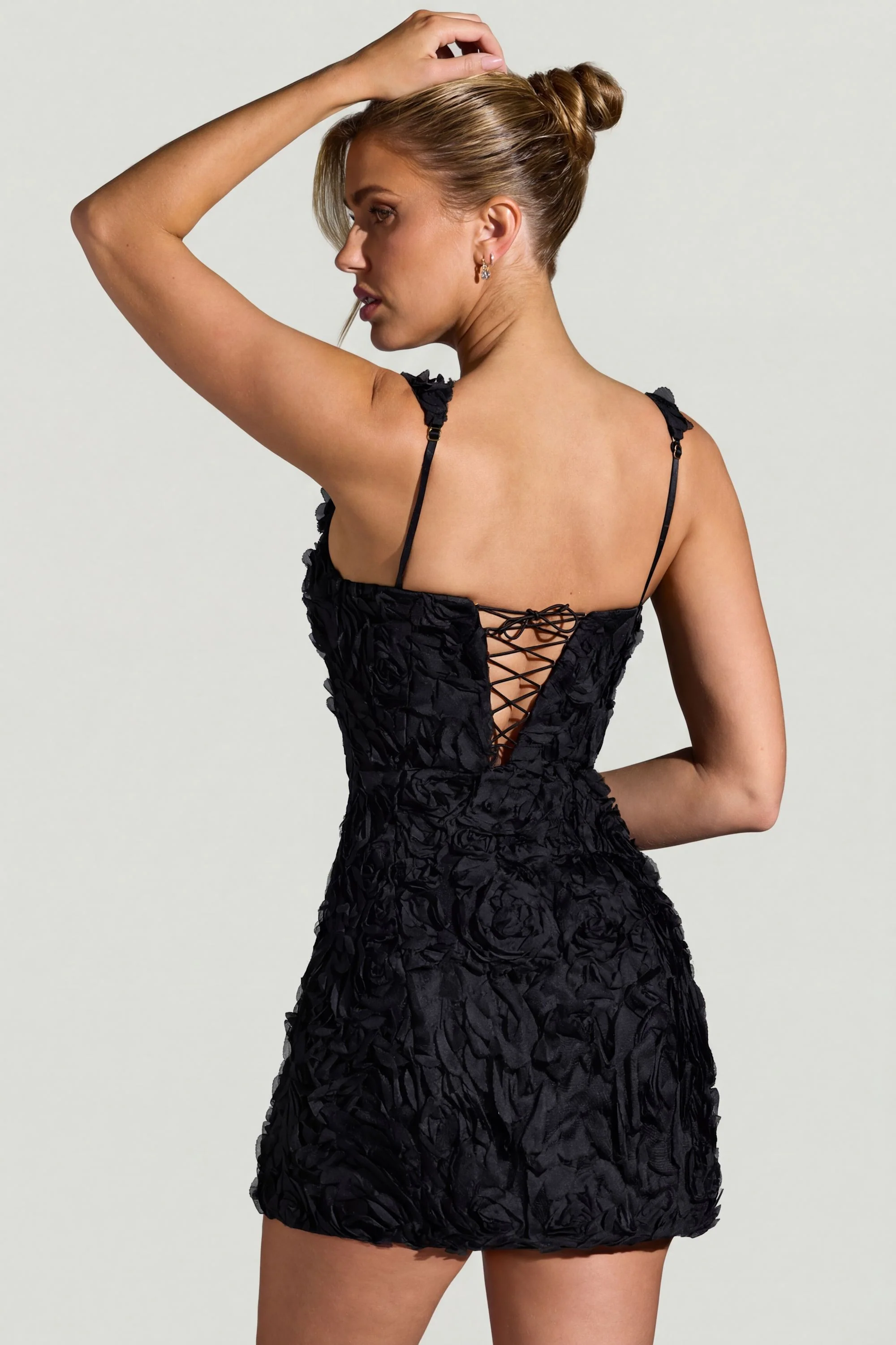 Floral-Appliqué Square-Neck Corset Mini Dress in Black - Image 7