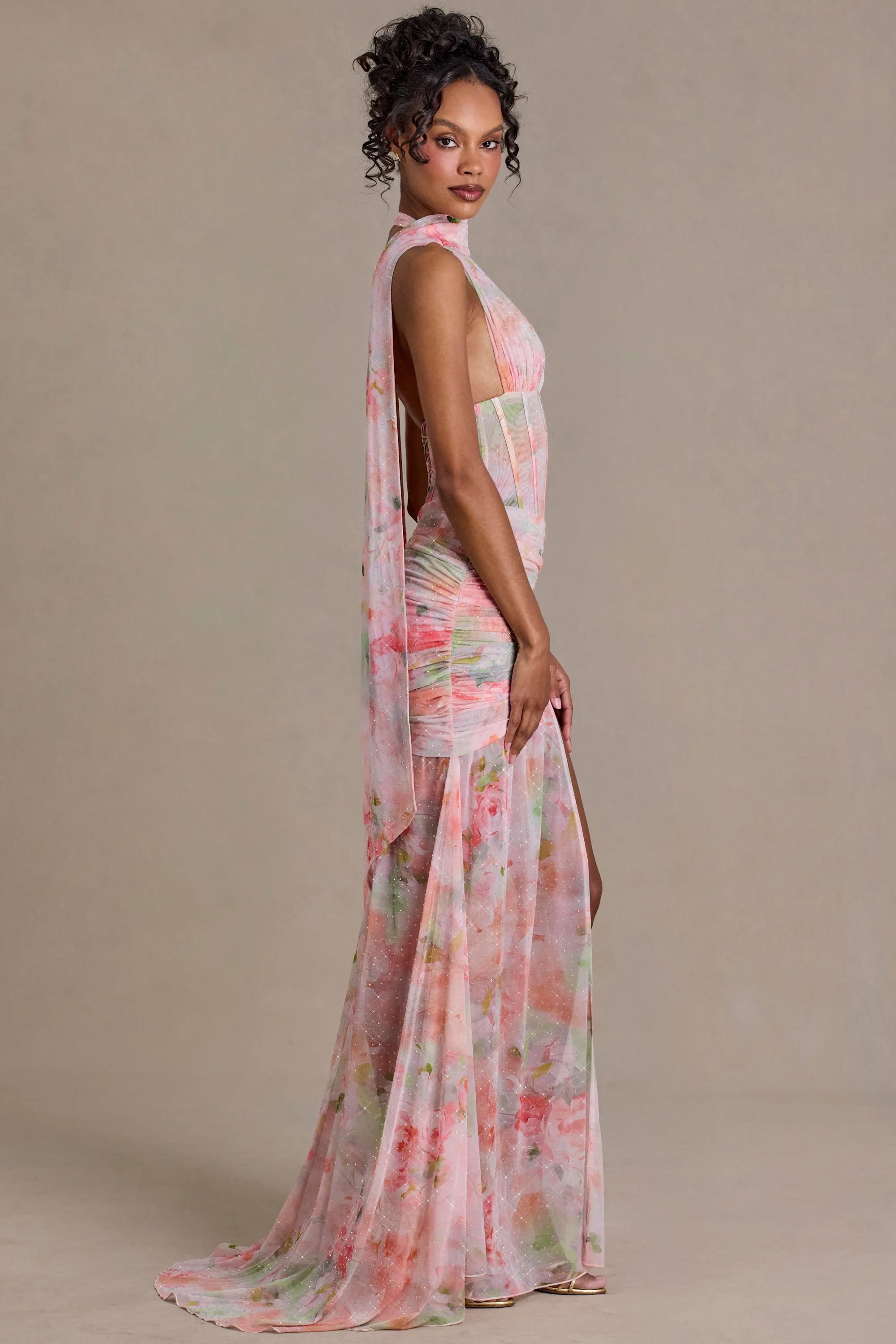 Embellished Scarf-Detail Maxi Dress in Pink Floral Print - Image 3