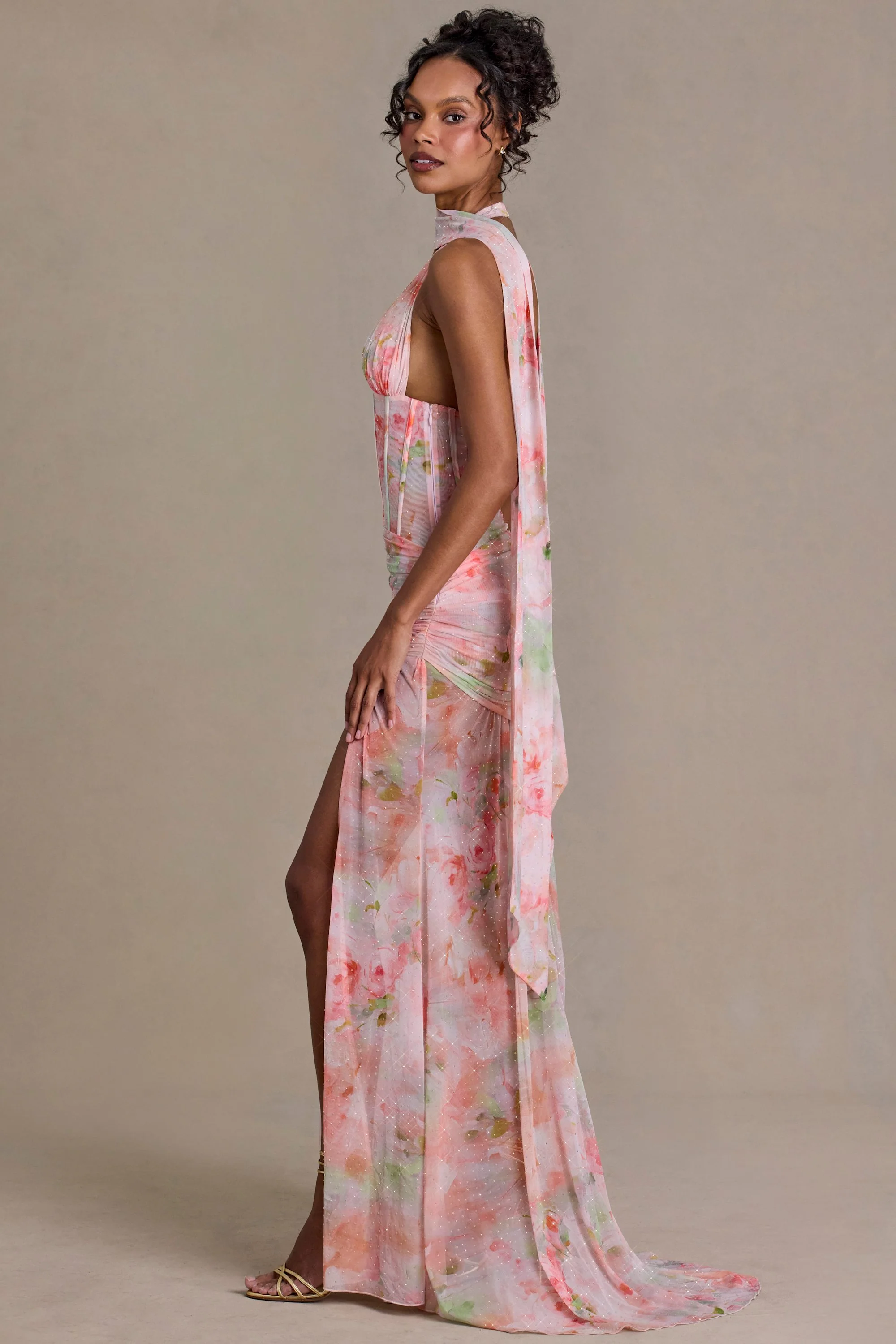 Embellished Scarf-Detail Maxi Dress in Pink Floral Print - Image 6