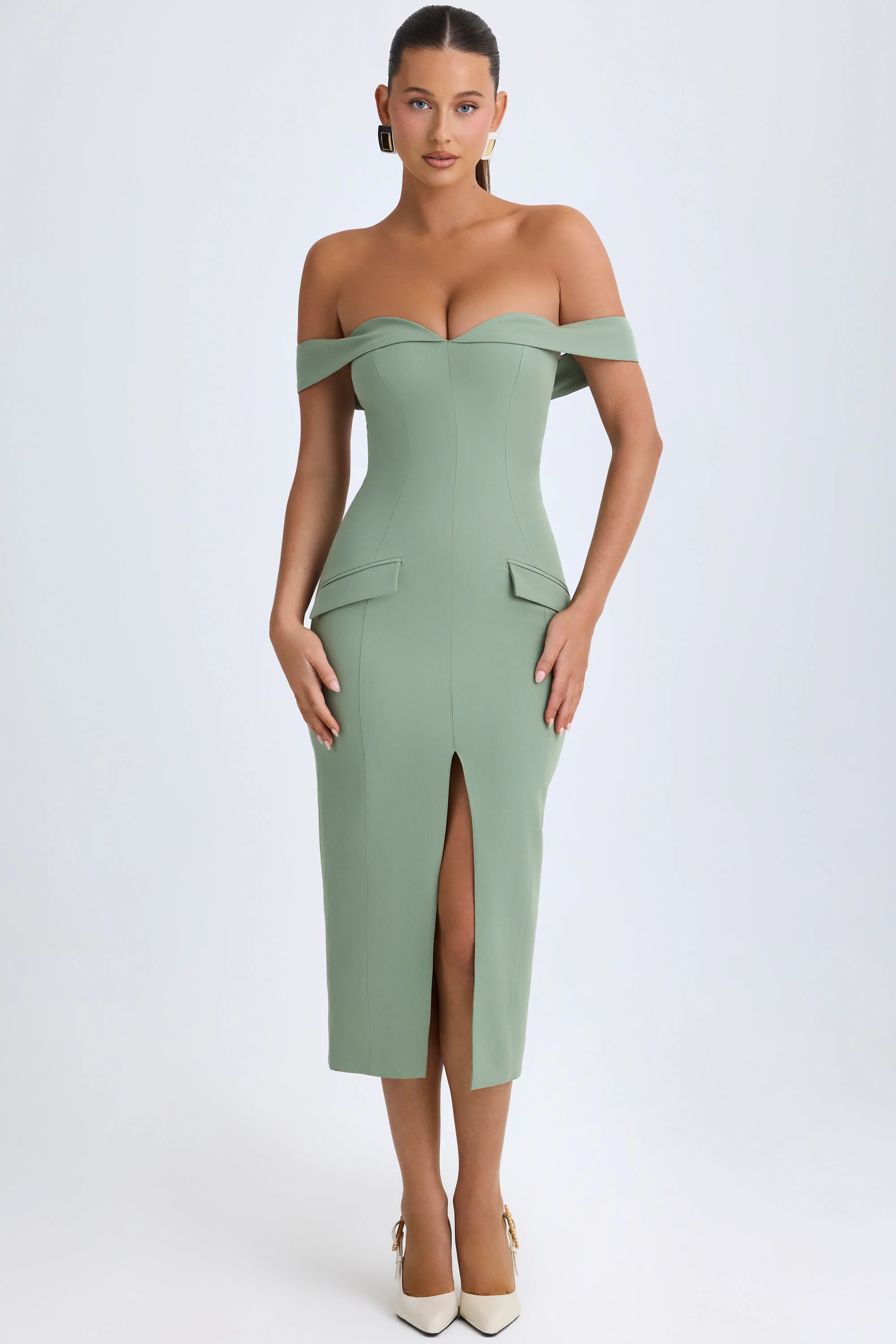 Off-Shoulder Midaxi Dress in Khaki Green - Image 2