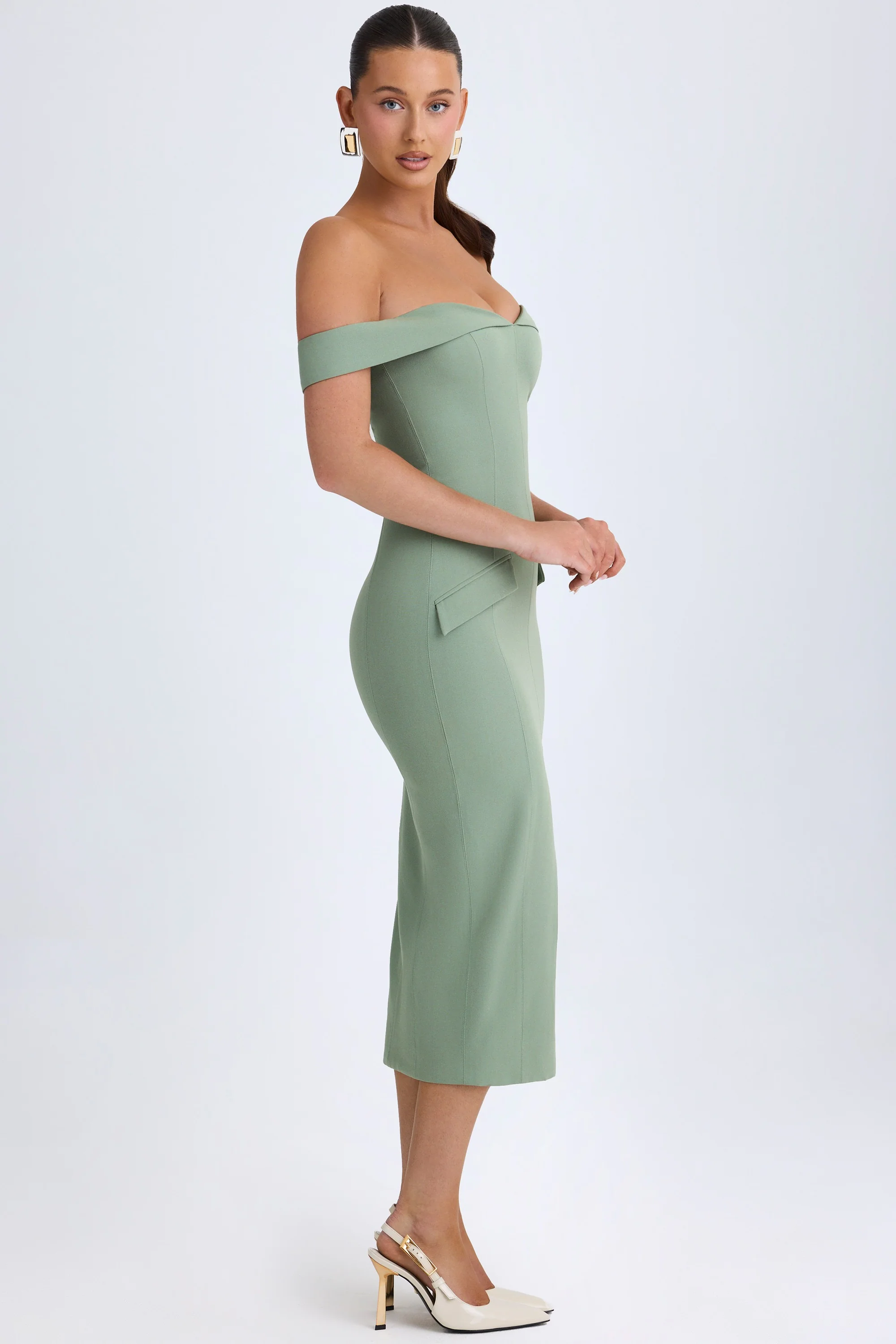 Off-Shoulder Midaxi Dress in Khaki Green - Image 4