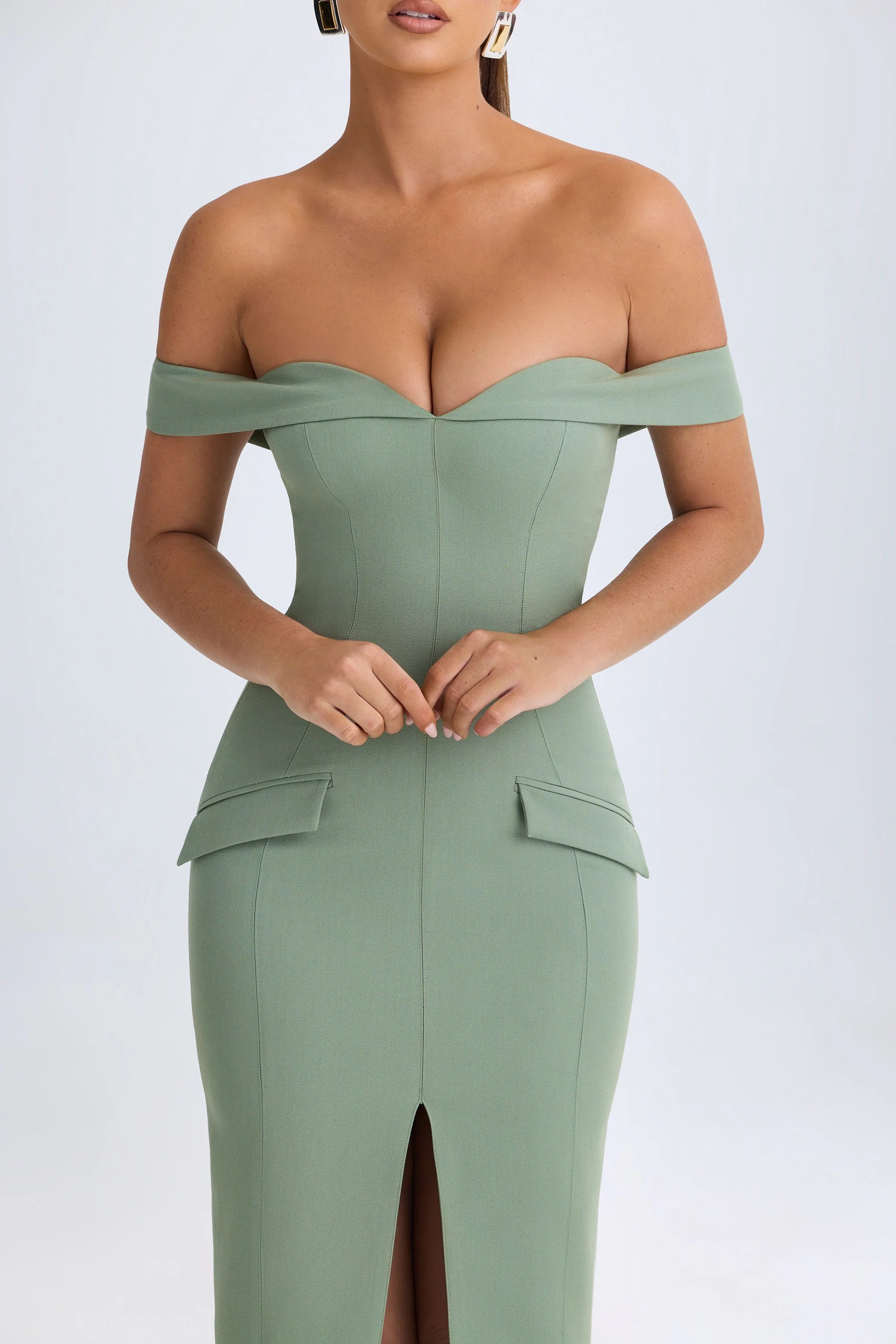 Off-Shoulder Midaxi Dress in Khaki Green - Image 5