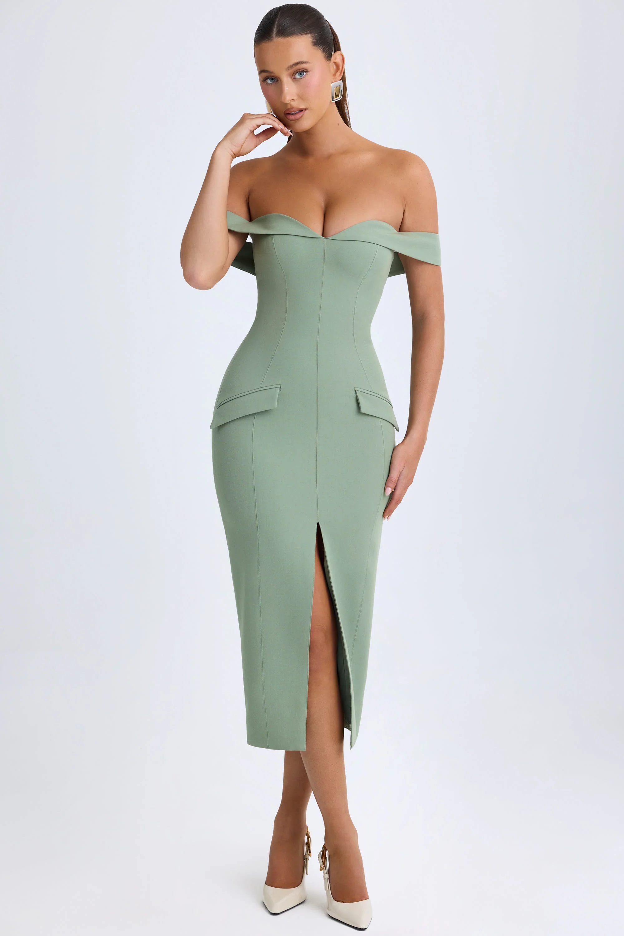 Off-Shoulder Midaxi Dress in Khaki Green - Image 6