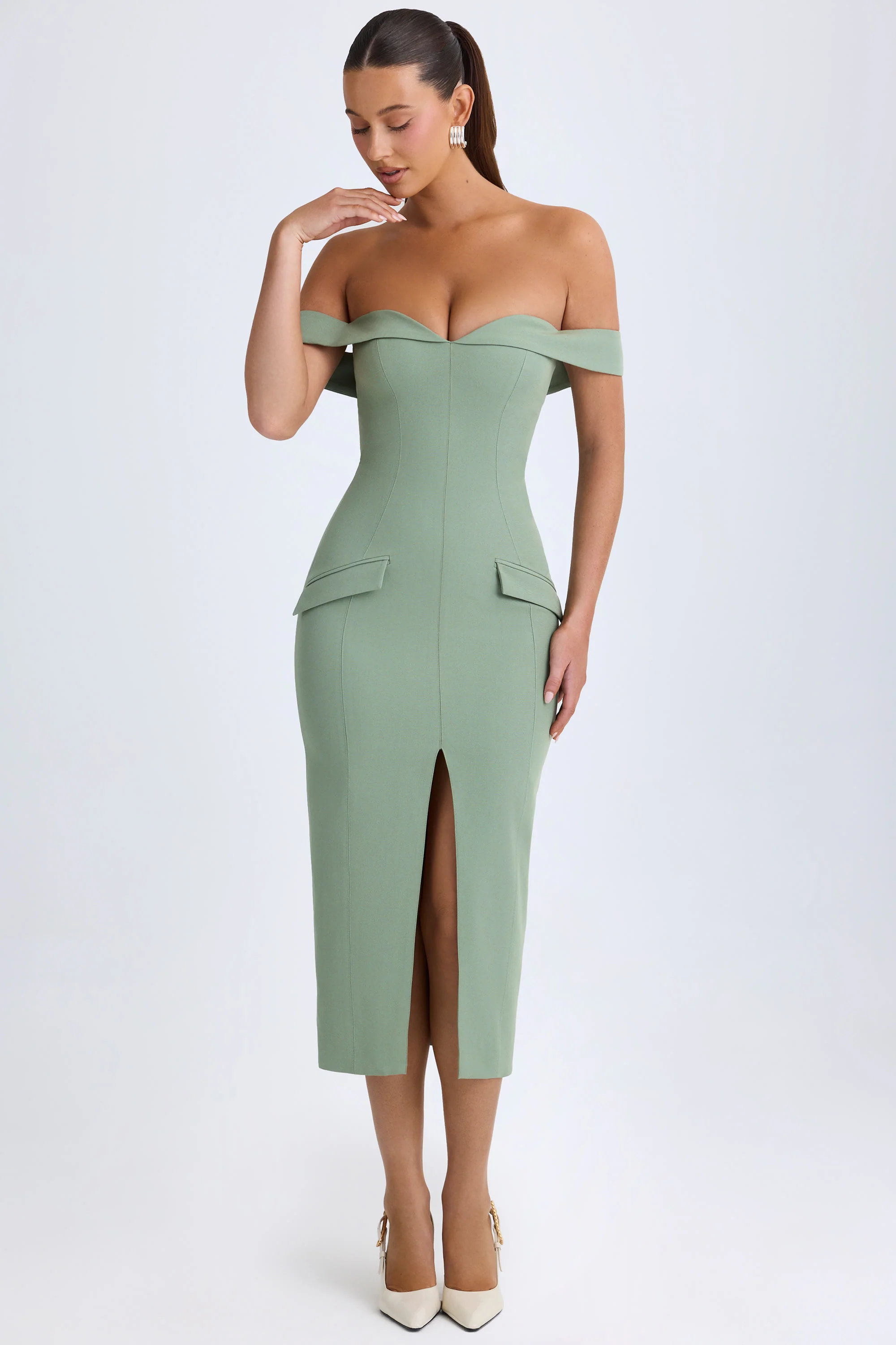 Off-Shoulder Midaxi Dress in Khaki Green - Image 7
