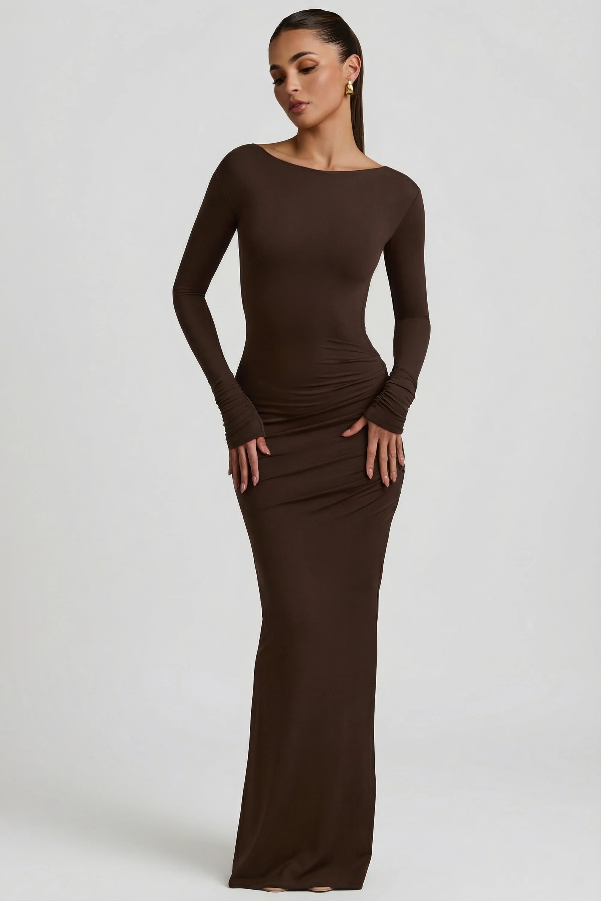 Modal Ruched Backless Maxi Dress in Chocolate Brown - Image 4