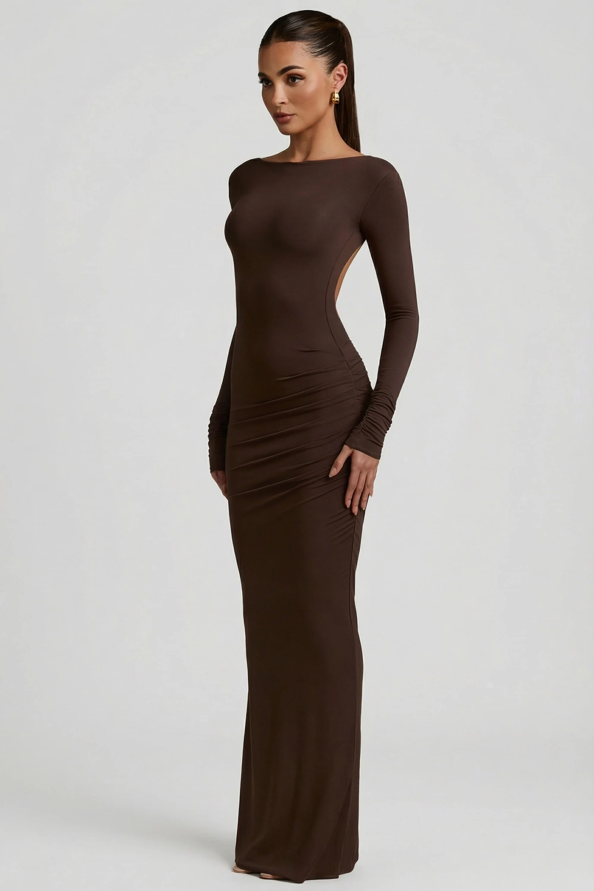 Modal Ruched Backless Maxi Dress in Chocolate Brown - Image 5