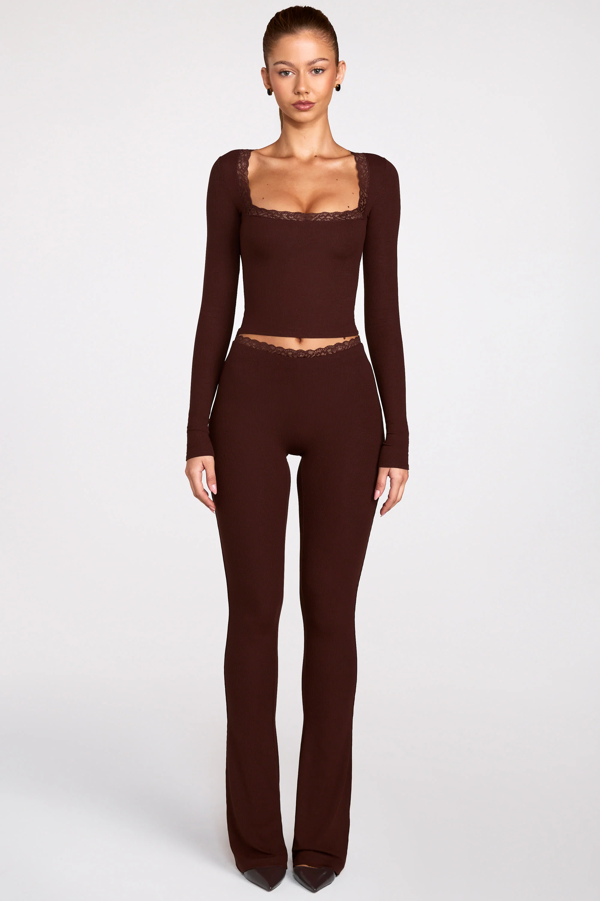 Ribbed Modal Square-Neck Long-Sleeve Top in Chocolate Brown - Image 7