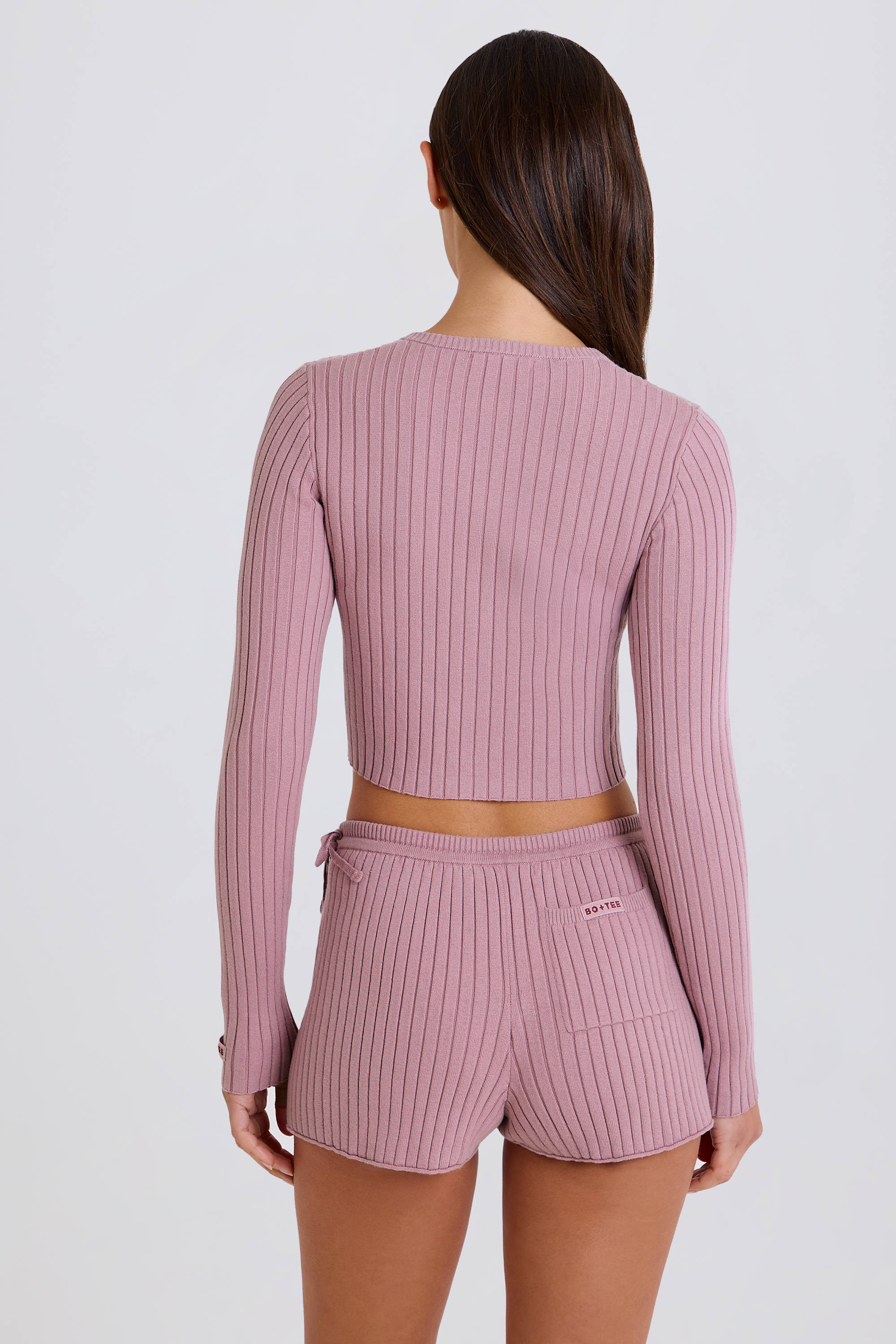 Ribbed Knit Tie Mini Shorts in Mauve - Image 2