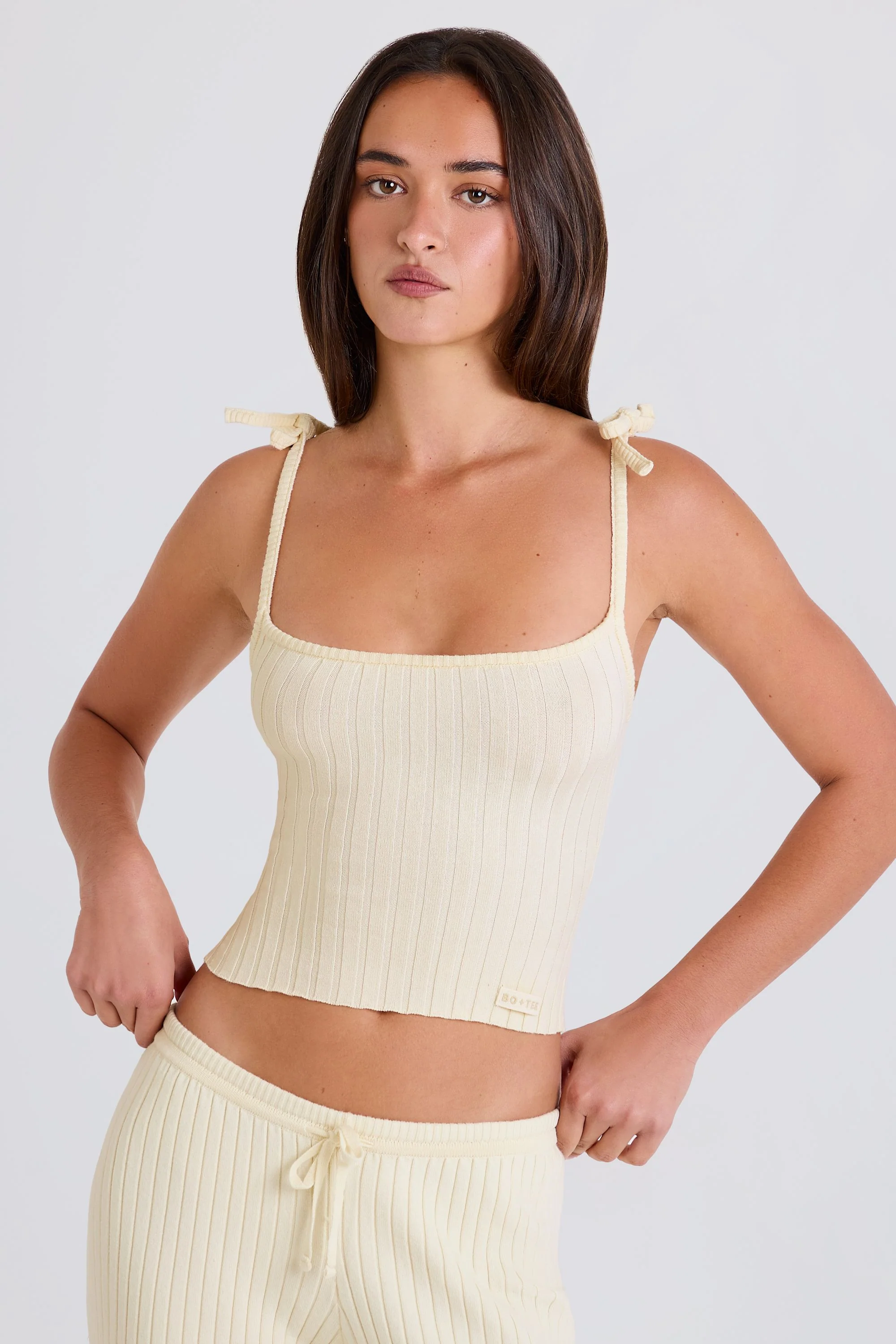 Ribbed Knit Tie Tank Top in Cream - Image 6