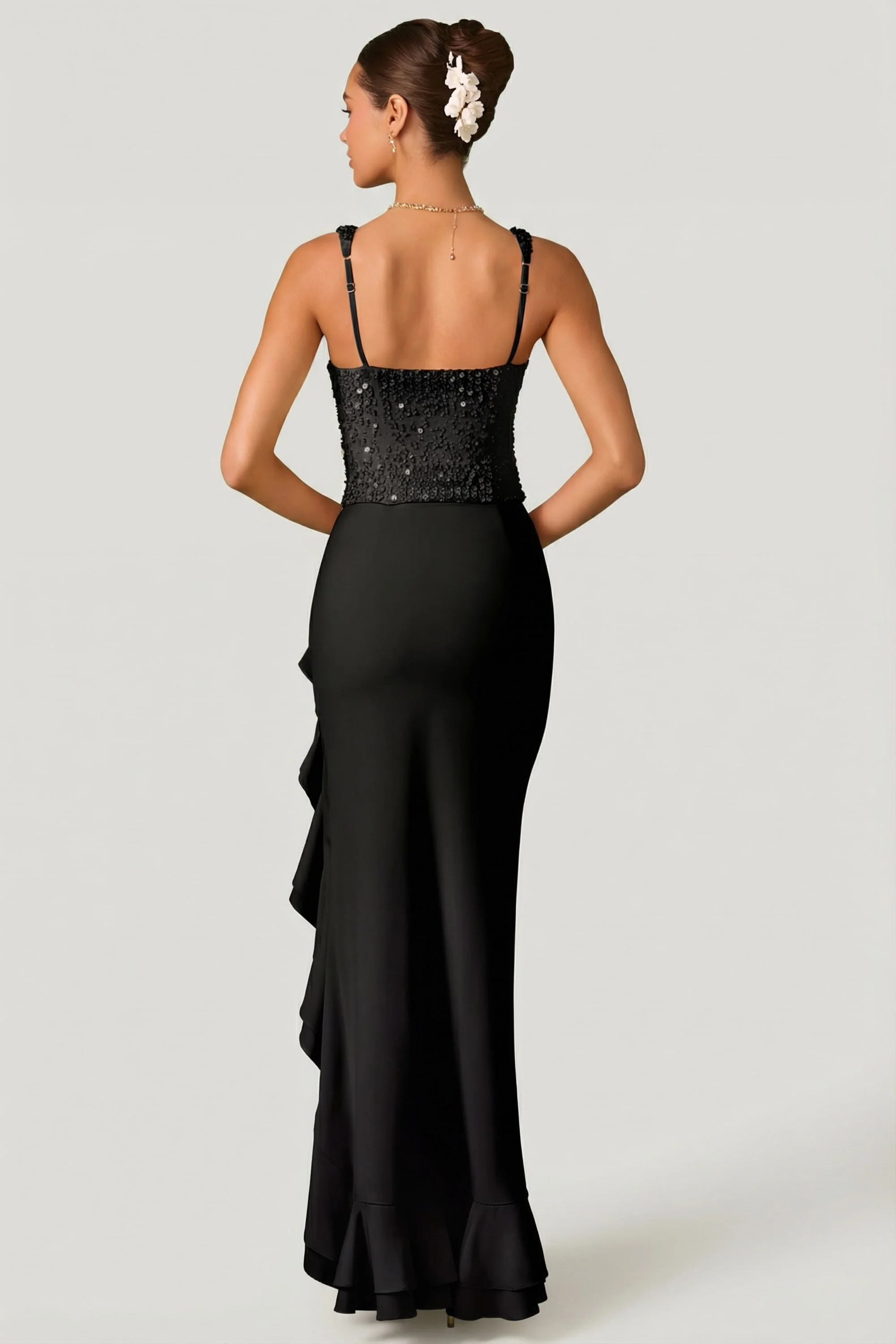 Embellished Ruffle-Trim Corset Gown in Black - Image 2
