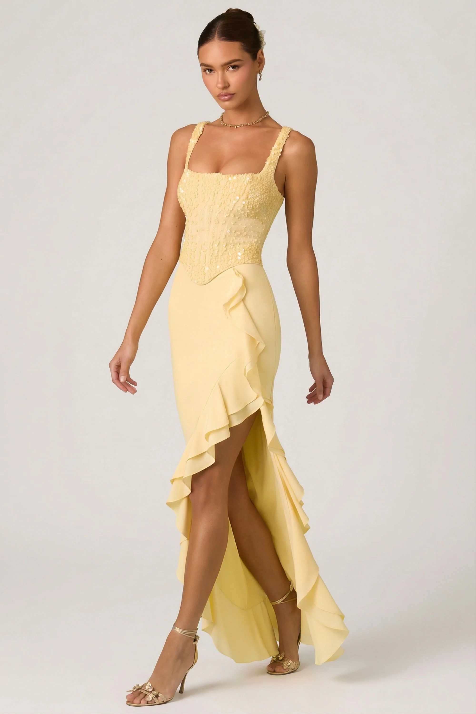 Embellished Ruffle-Trim Corset Gown in Yellow - Image 6