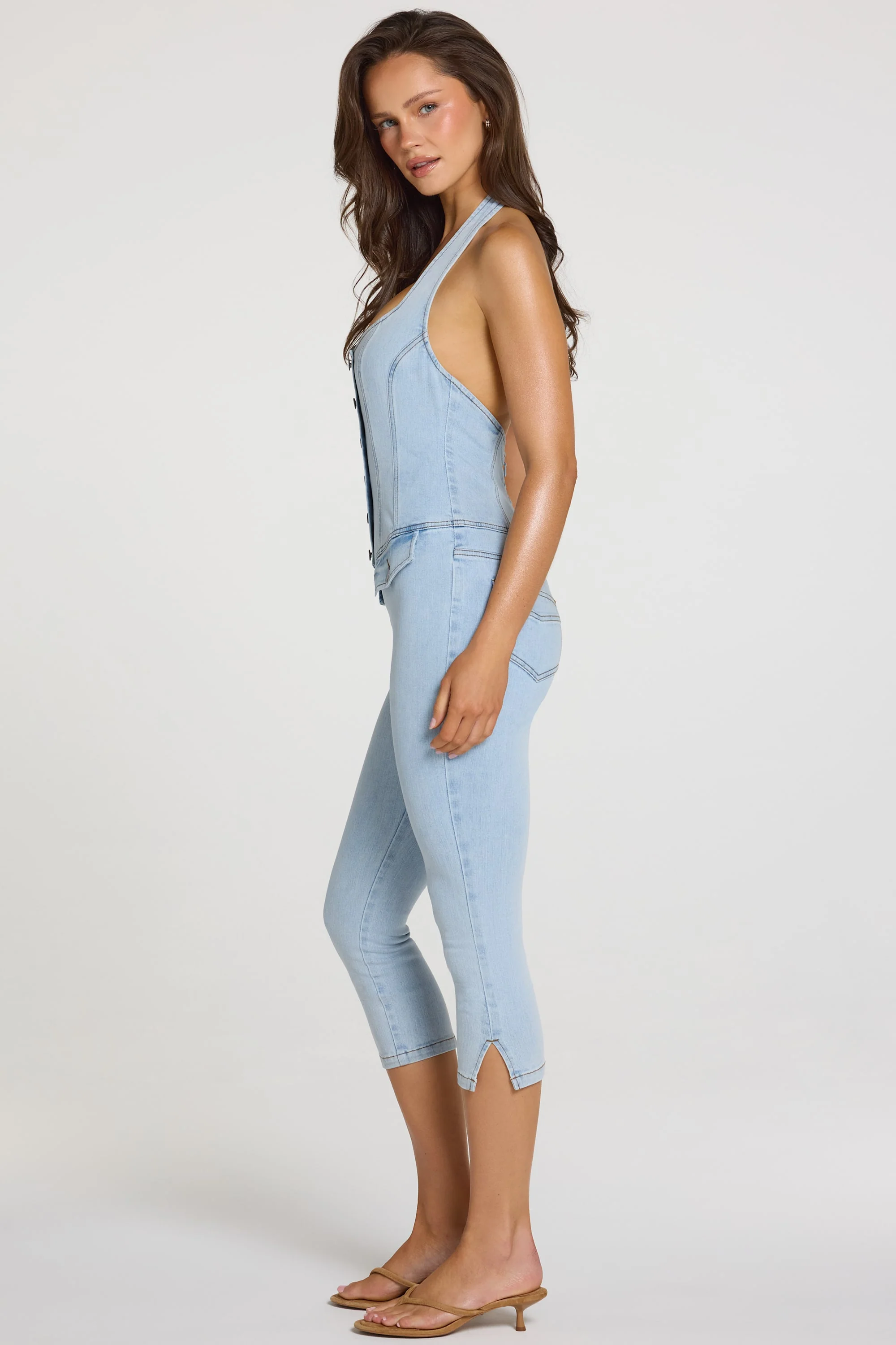 Denim Capri Jumpsuit in Light Denim - Image 3