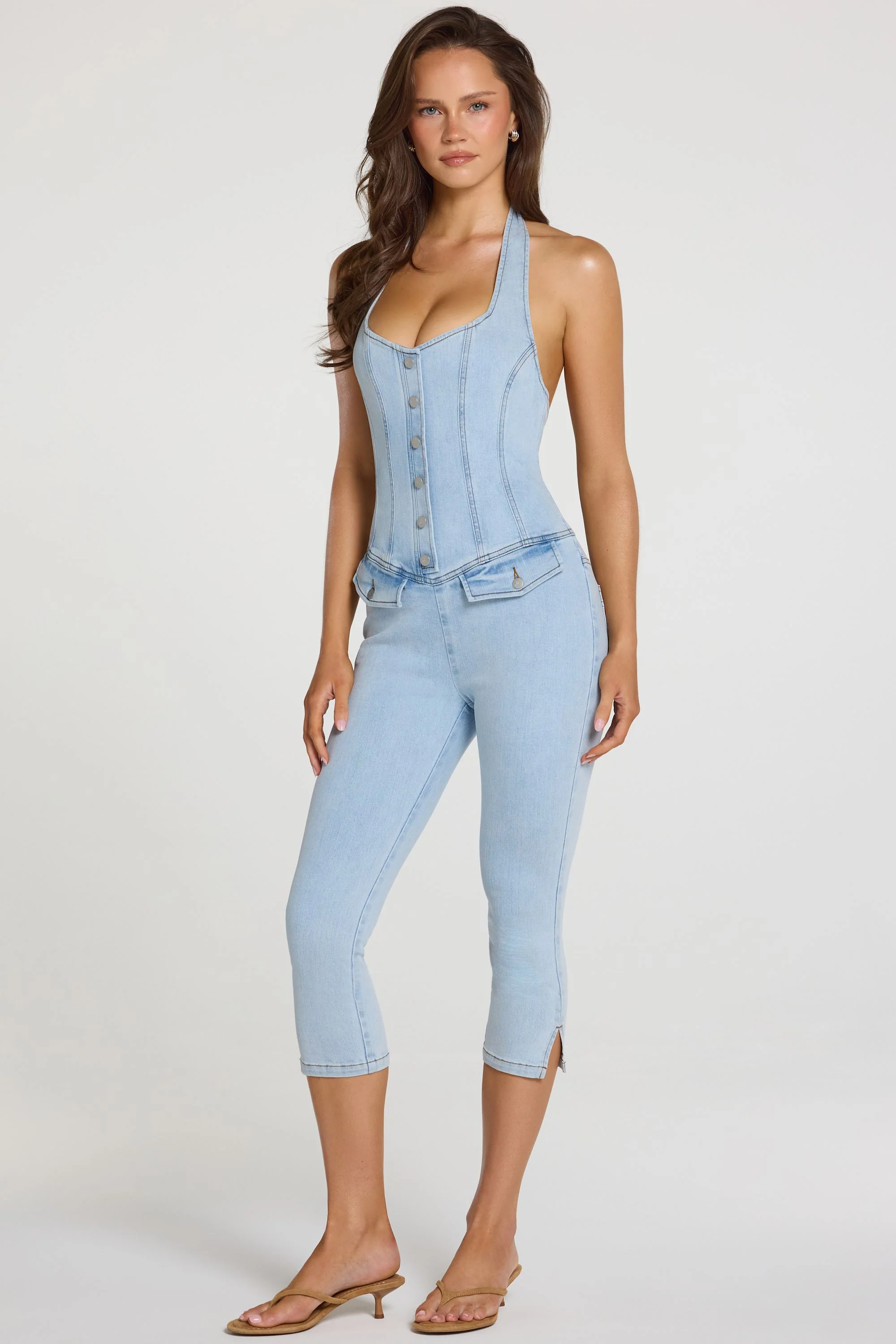 Denim Capri Jumpsuit in Light Denim - Image 7
