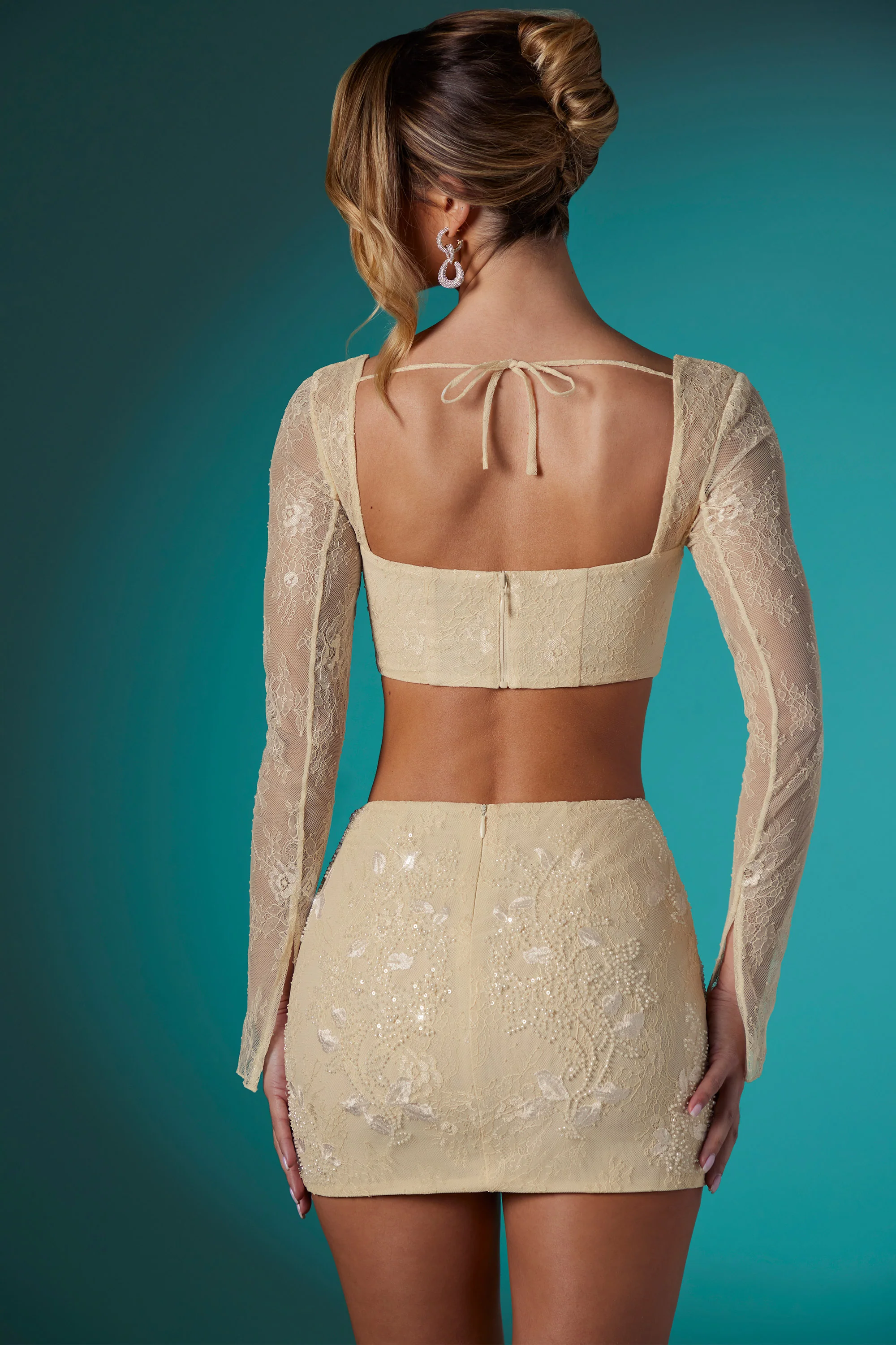 Embellished Lace Bodycon Mini Skirt in Ivory - Image 9