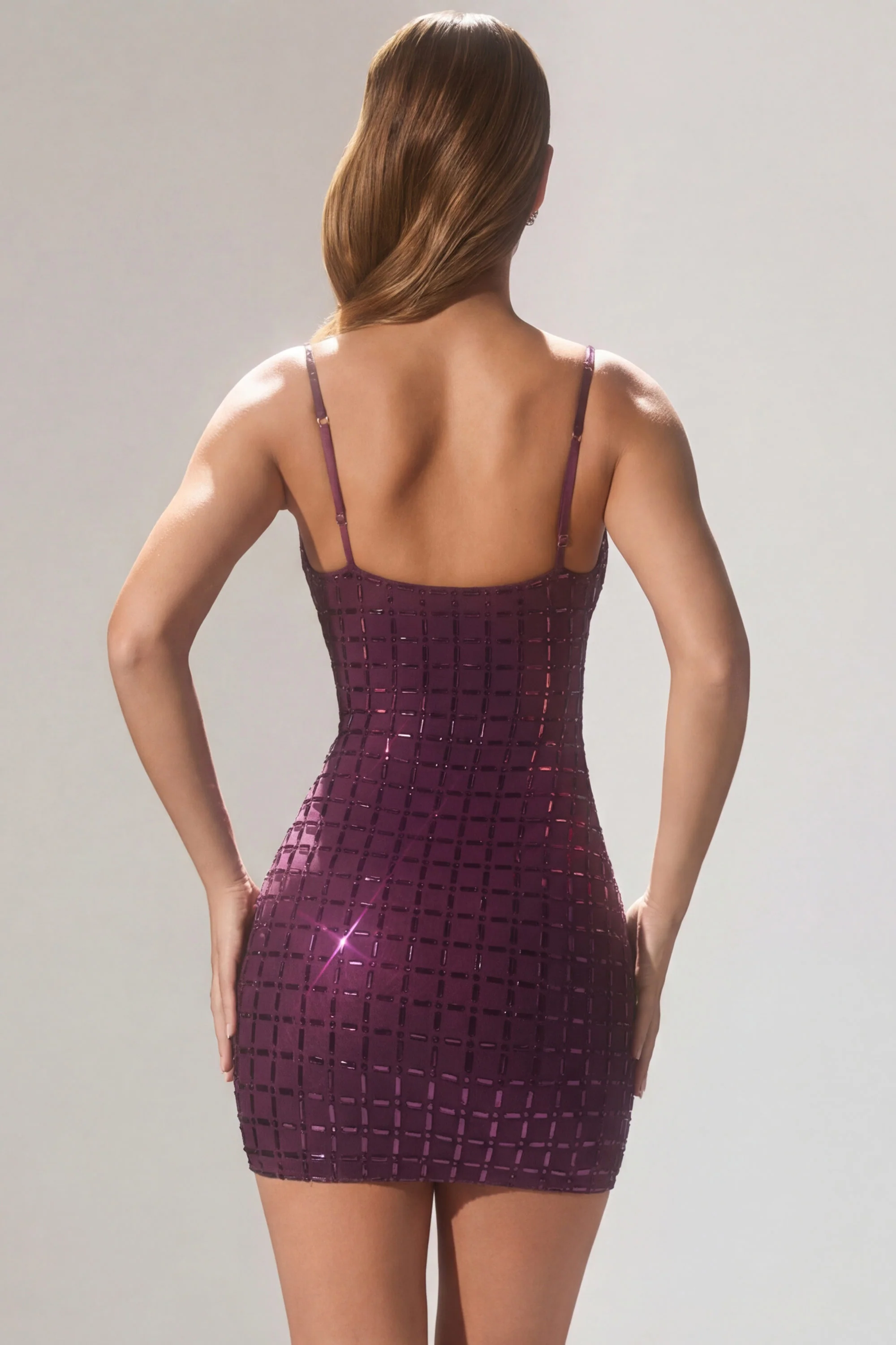 Embellished Plunge Semi-Sheer Mini Dress in Deep Purple - Image 3
