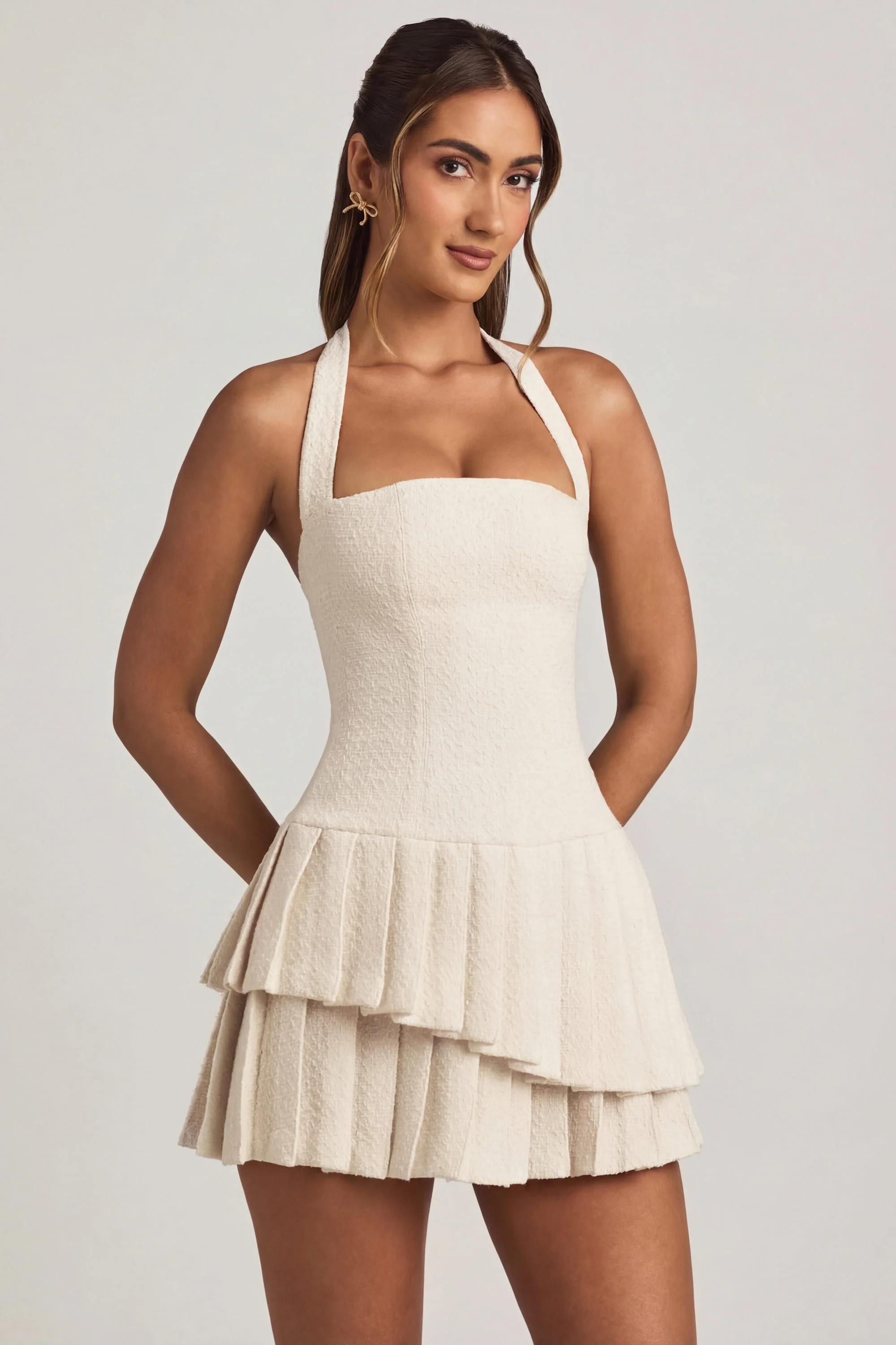 Asymmetric Layered Halterneck Mini Dress in Ivory - Image 5