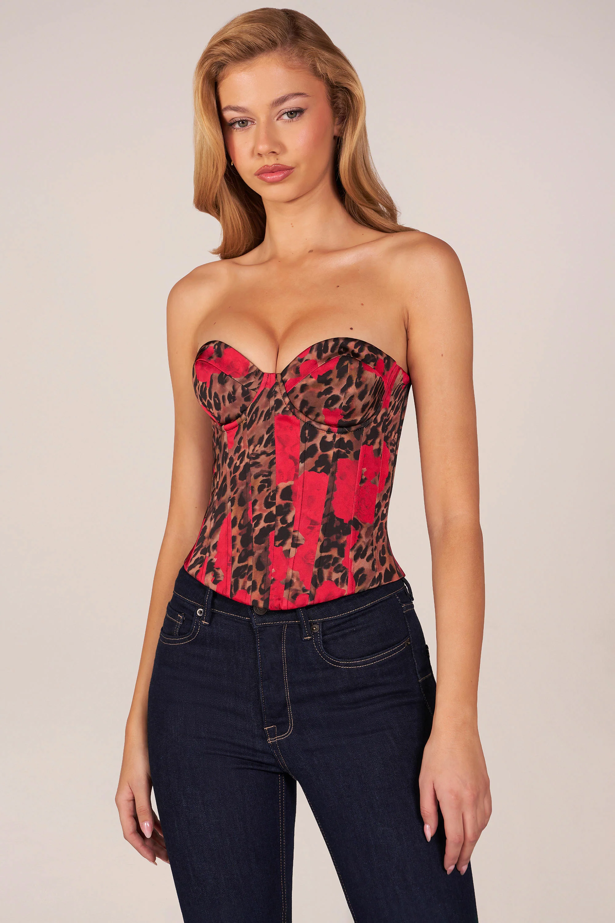 Bandeau Lace-Up Corset Top  in Rose Leopard Print - Image 6