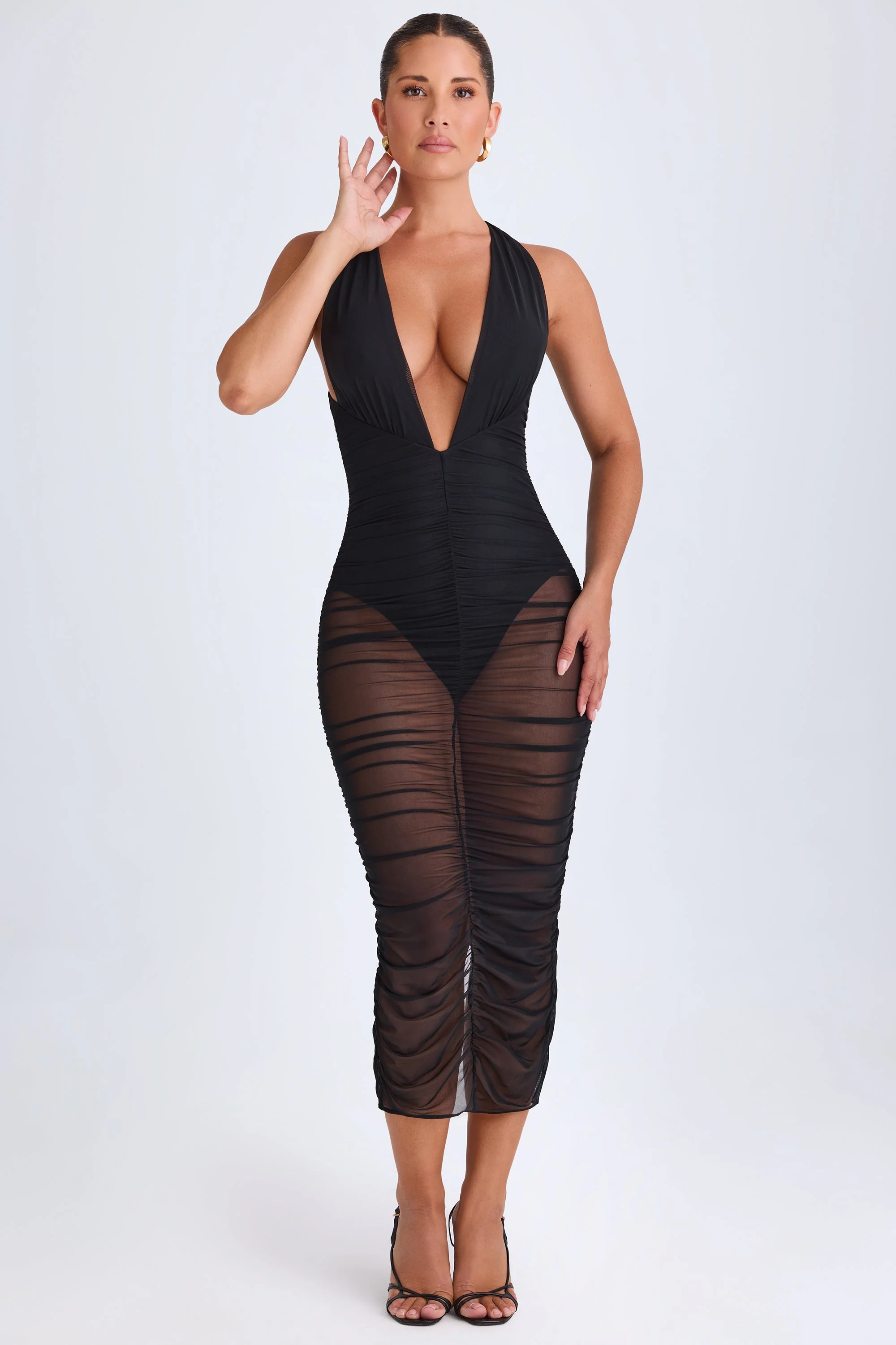 Ruched Plunge Midaxi Dress in Black - Image 4