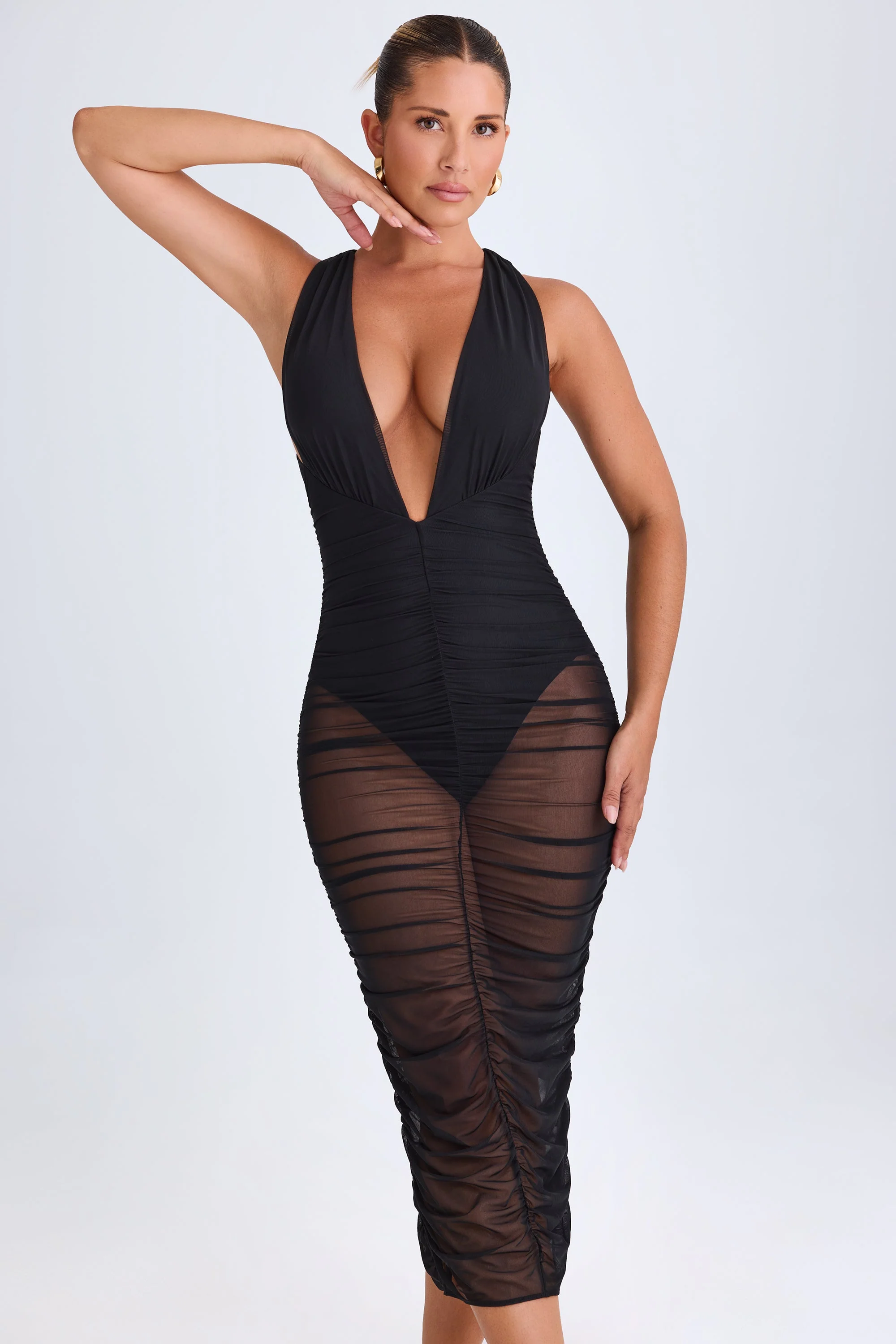 Ruched Plunge Midaxi Dress in Black - Image 8