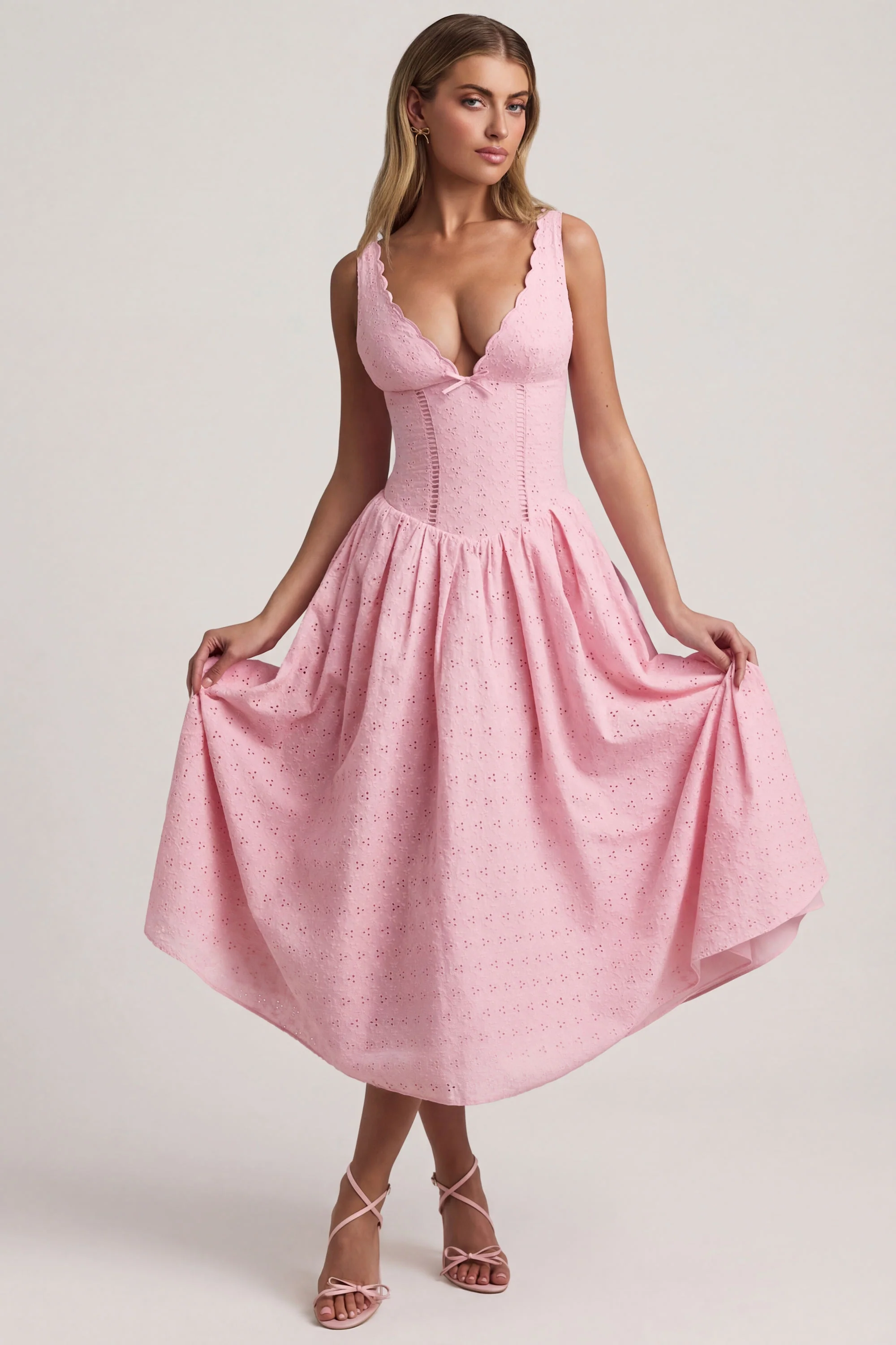 Broderie Anglaise Bow-Detail A-Line Midaxi Dress in Soft Pink - Image 5