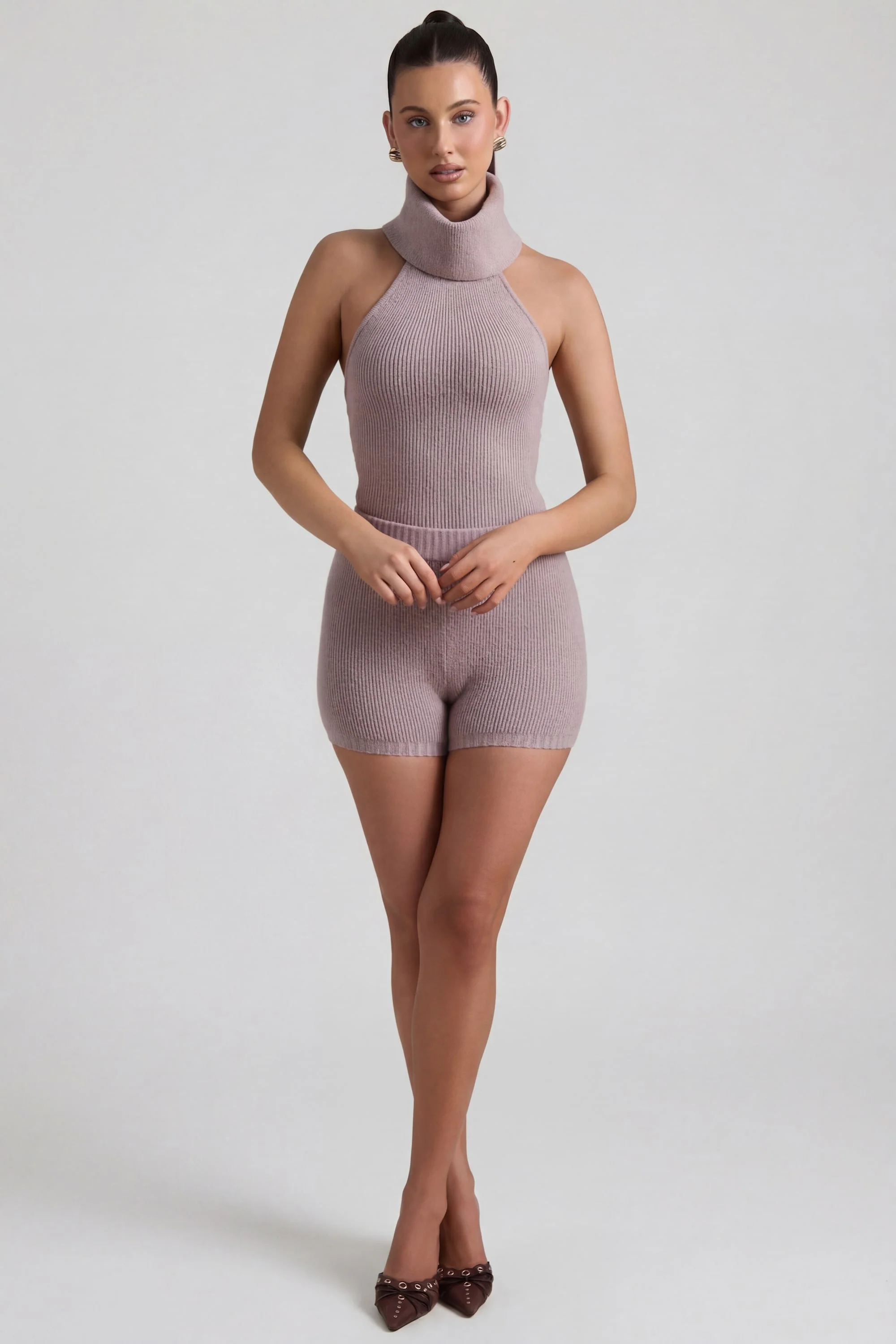 Ribbed-Knit Turtleneck Backless Top in Taupe - Image 5