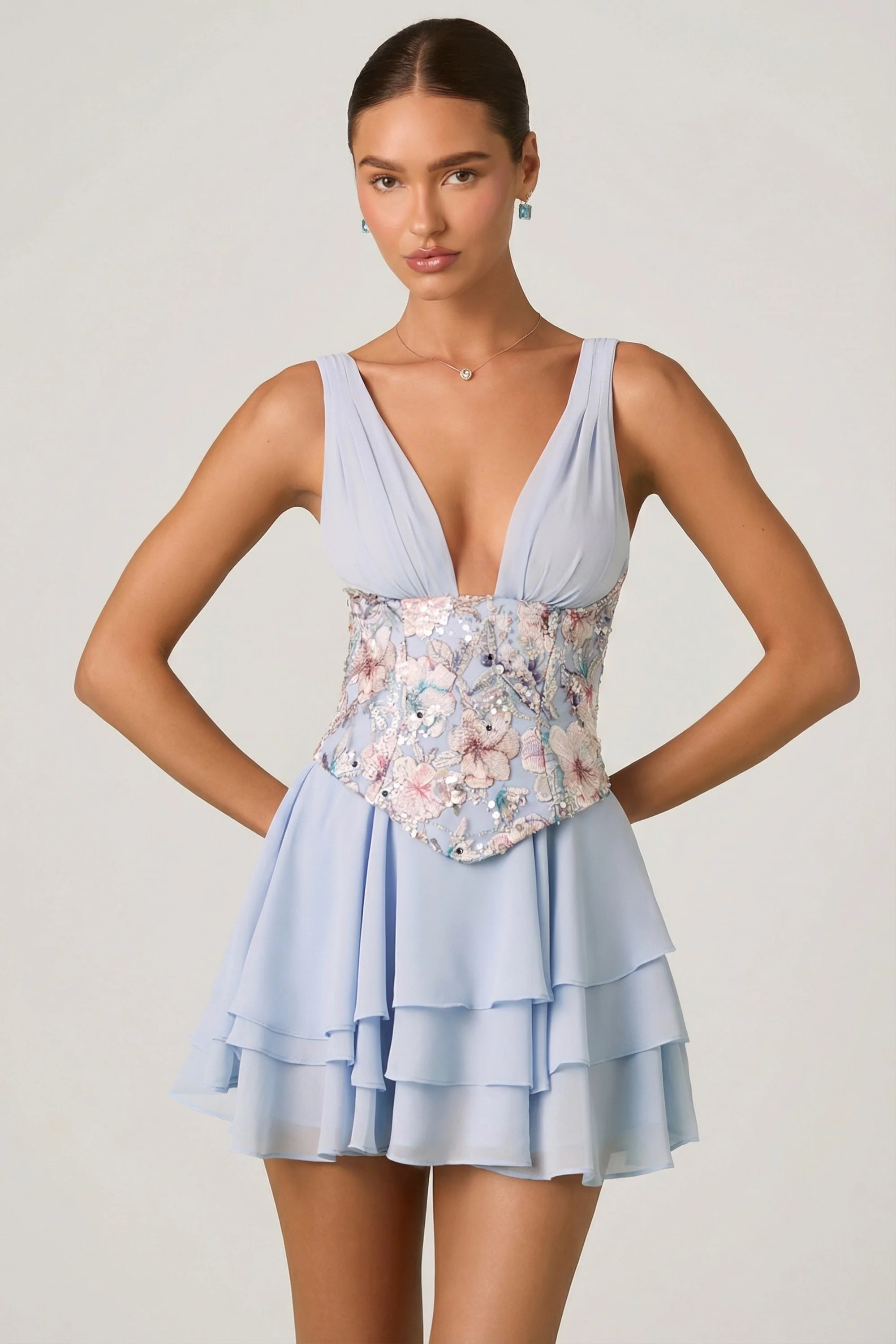 Embellished Ruffled Corset Mini Dress in Floral Blue - Image 8