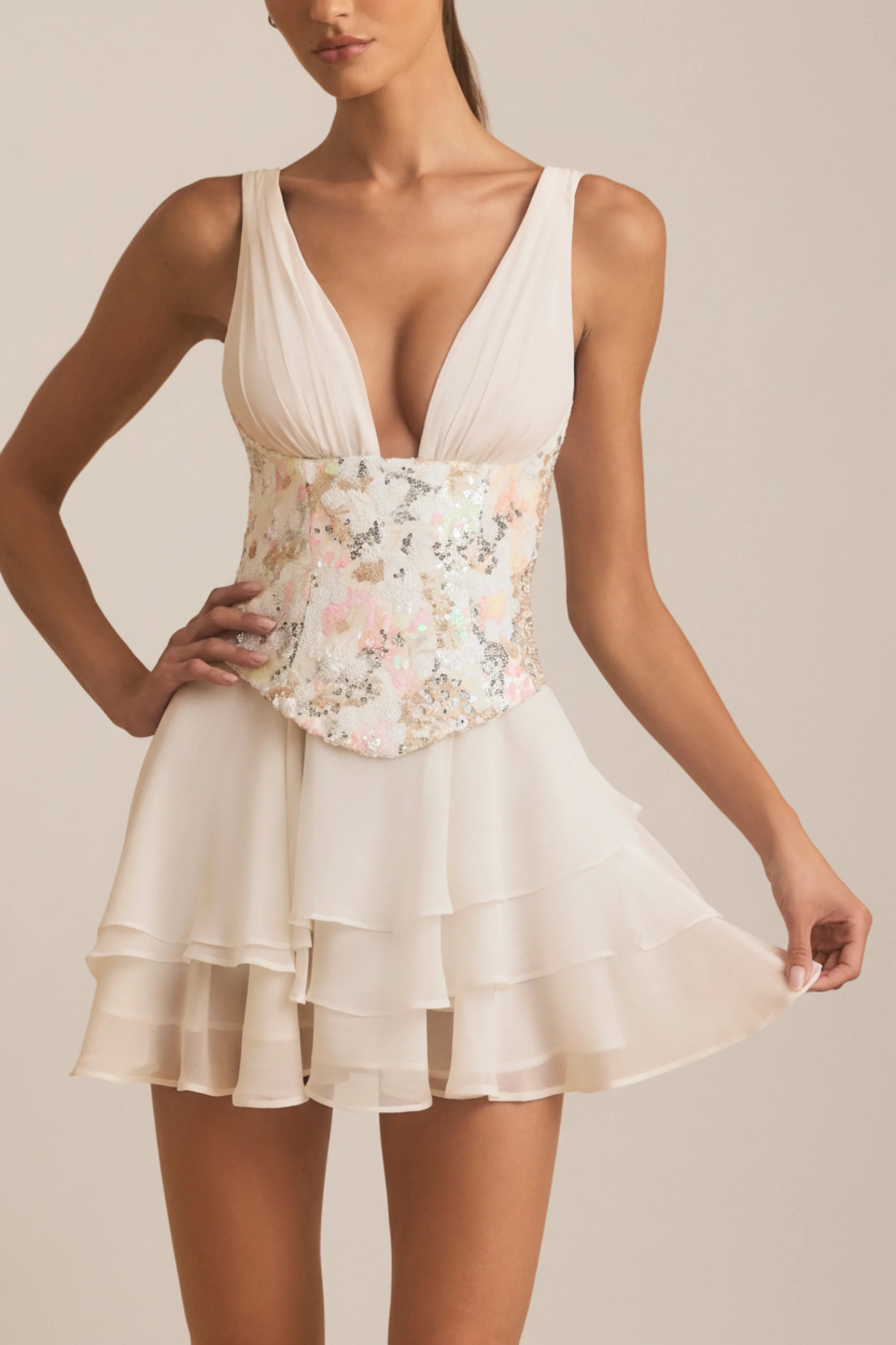 Embellished Ruffled Corset Mini Dress in Ivory - Image 4