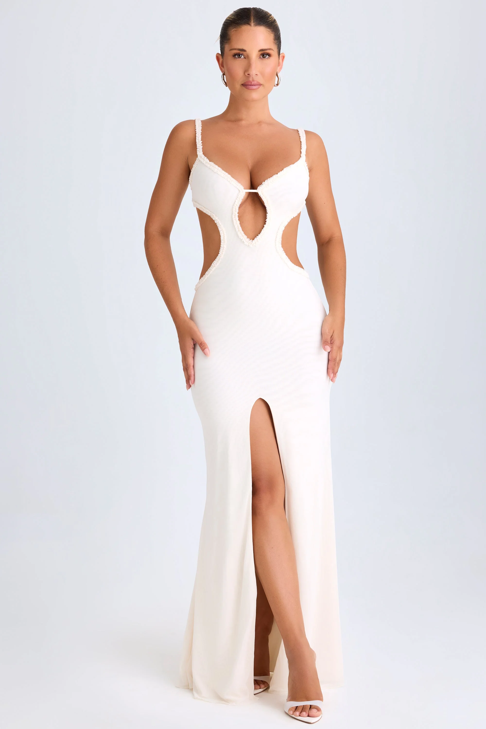 Ruffle-Appliqué Cut-Out Maxi Dress in White - Image 6