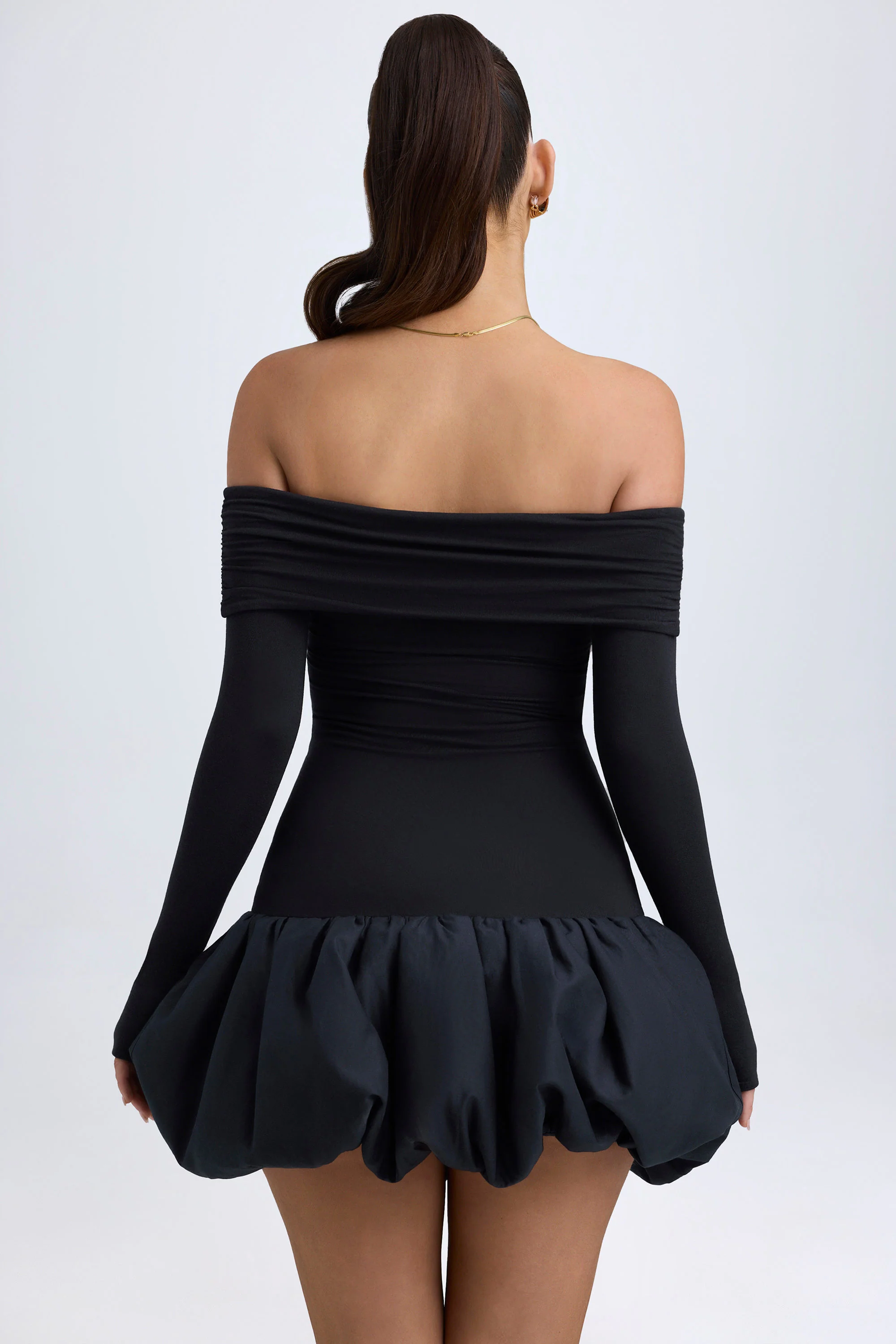 Modal Off-Shoulder Bubble Hem Mini Dress in Black - Image 2