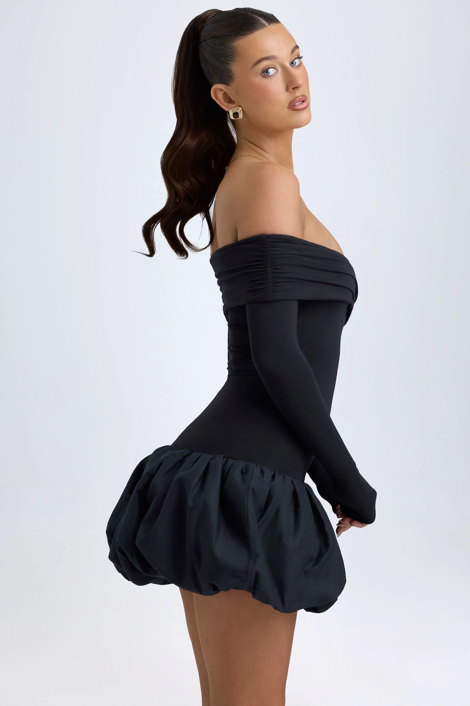 Modal Off-Shoulder Bubble Hem Mini Dress in Black - Image 3