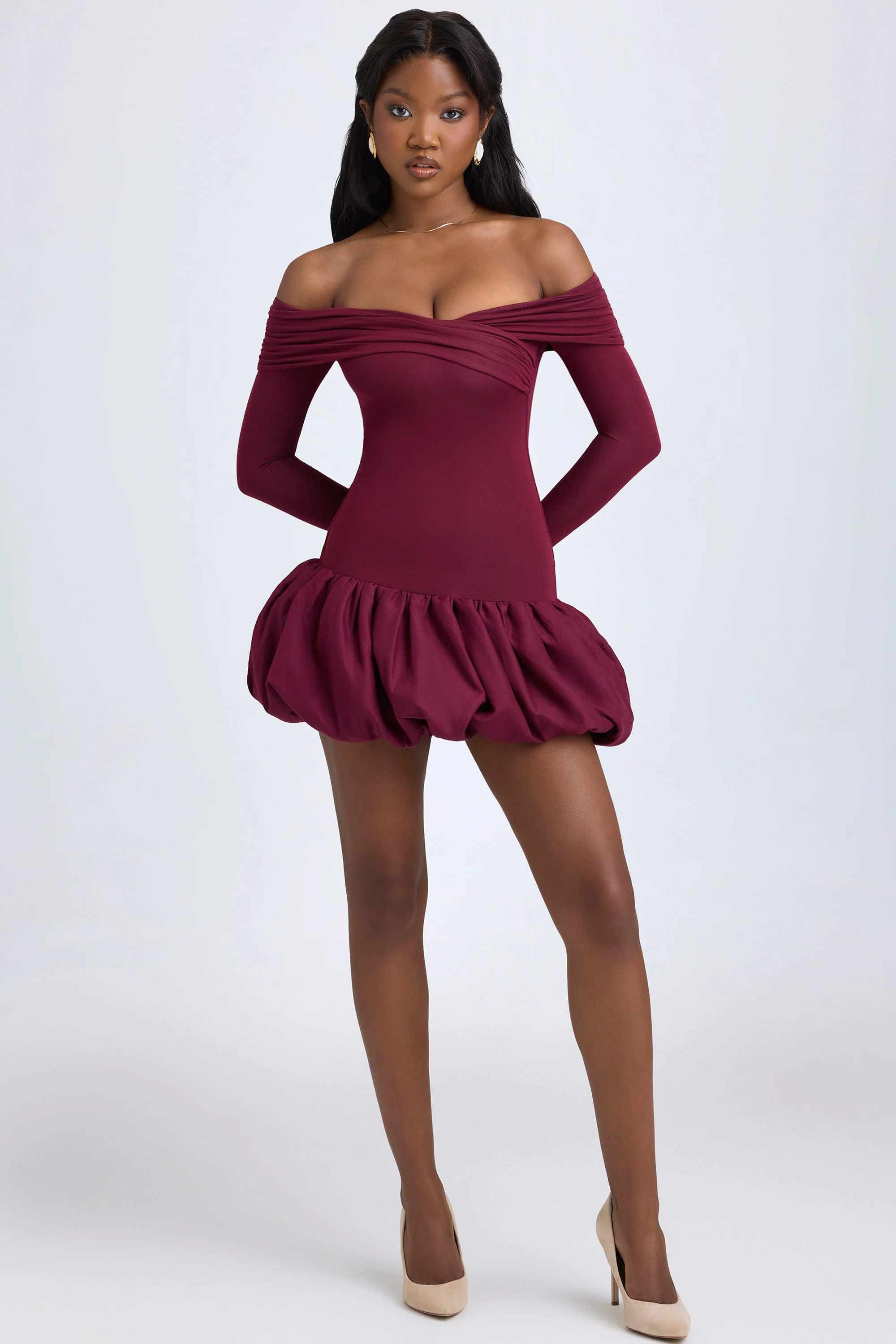 Modal Off-Shoulder Bubble Hem Mini Dress in Wine Red - Image 6