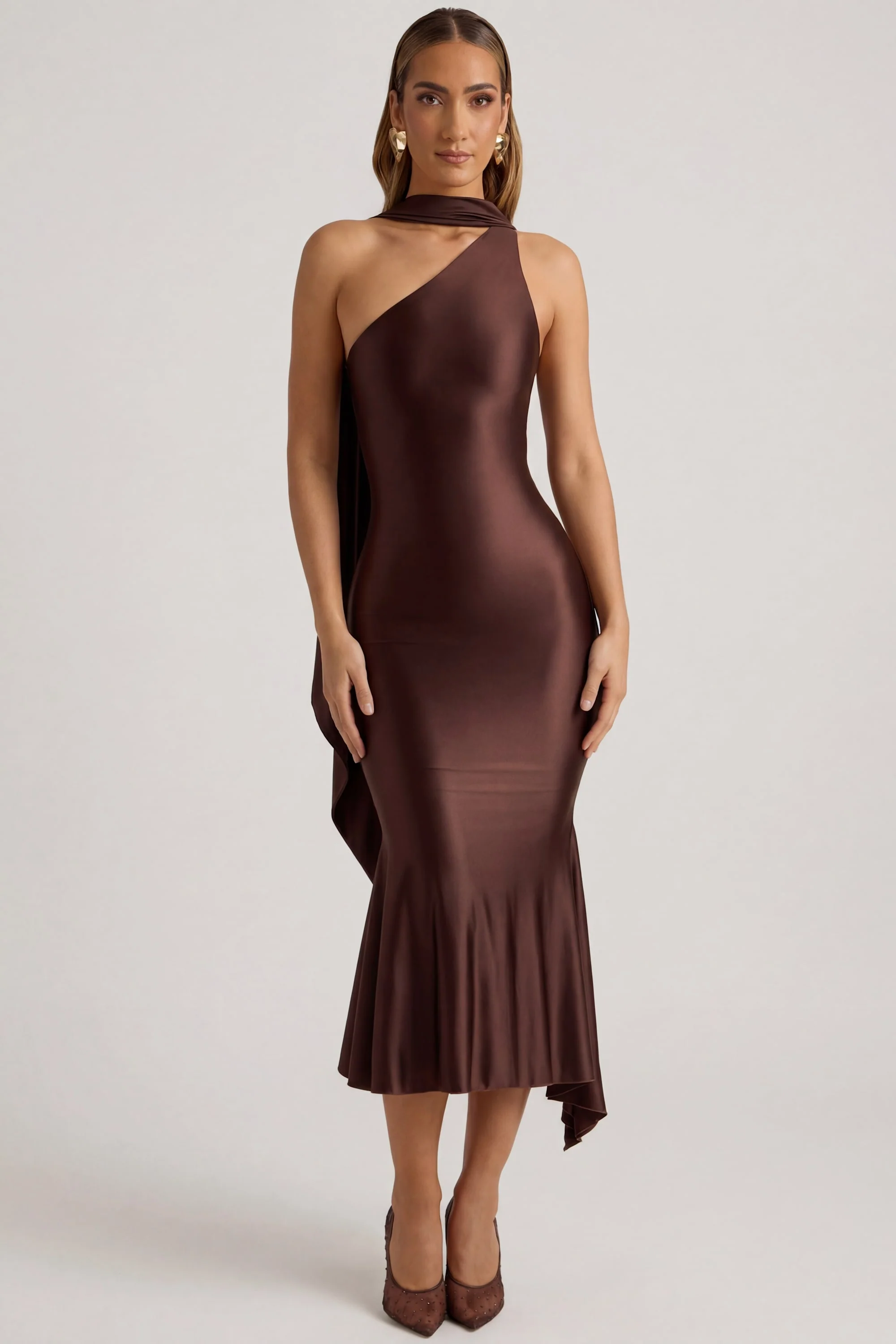 Asymmetric Scarf-Detail Midaxi Dress in Chocolate Brown - Image 6
