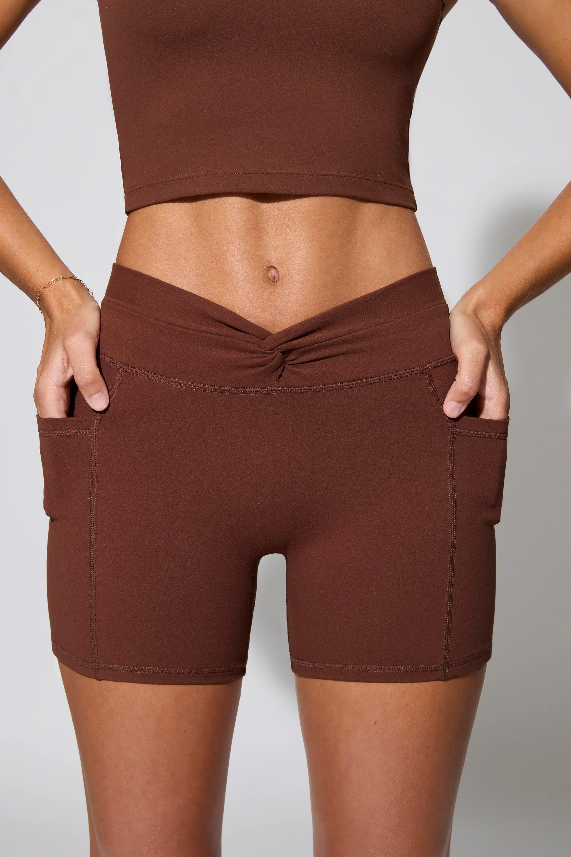 Twist Waist Mini Shorts with Pockets in Brown - Image 4