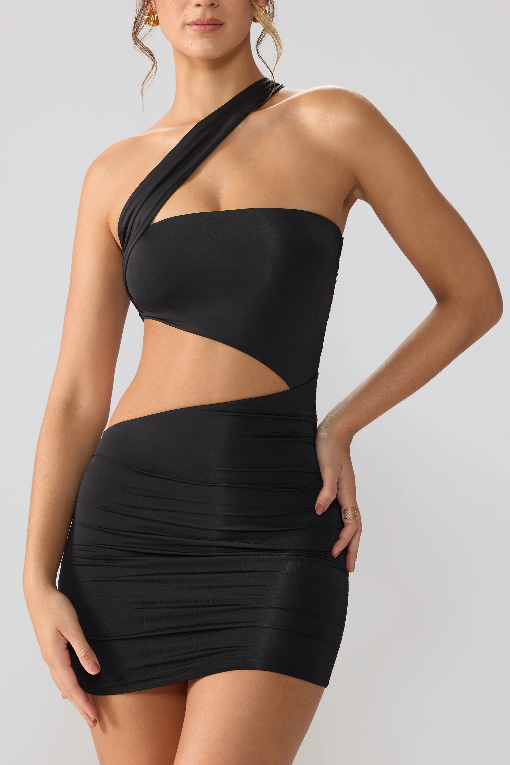 Slinky Jersey Ruched Cut Out Mini Dress in Black - Image 7