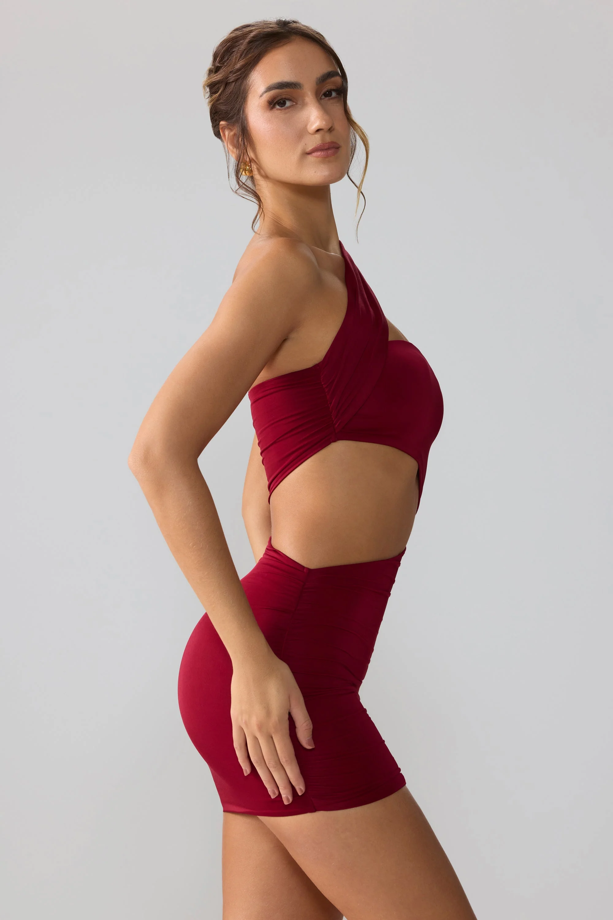 Slinky Jersey Ruched Cut Out Mini Dress in Ruby - Image 3
